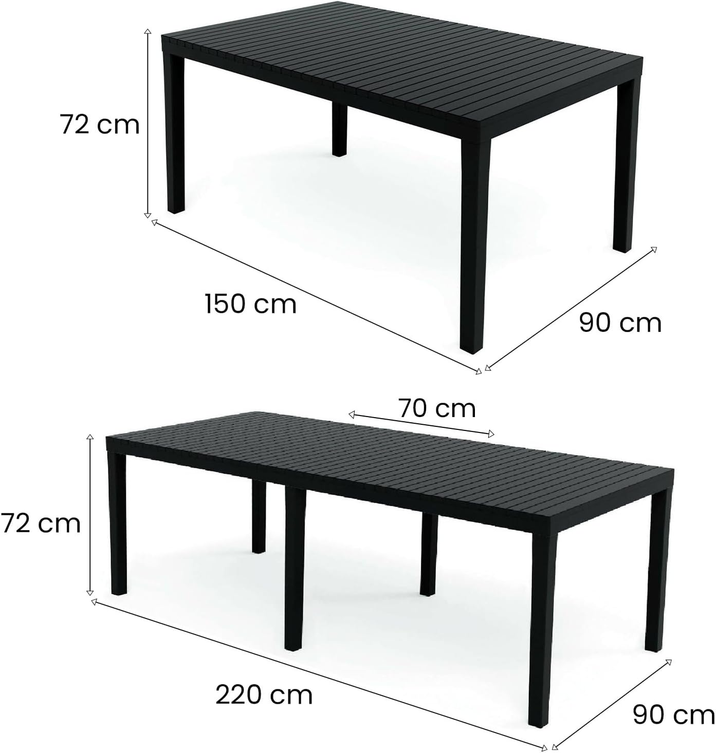 Dmora - Susa série - 150x90x72 cm - table extensible de jardin anthracite