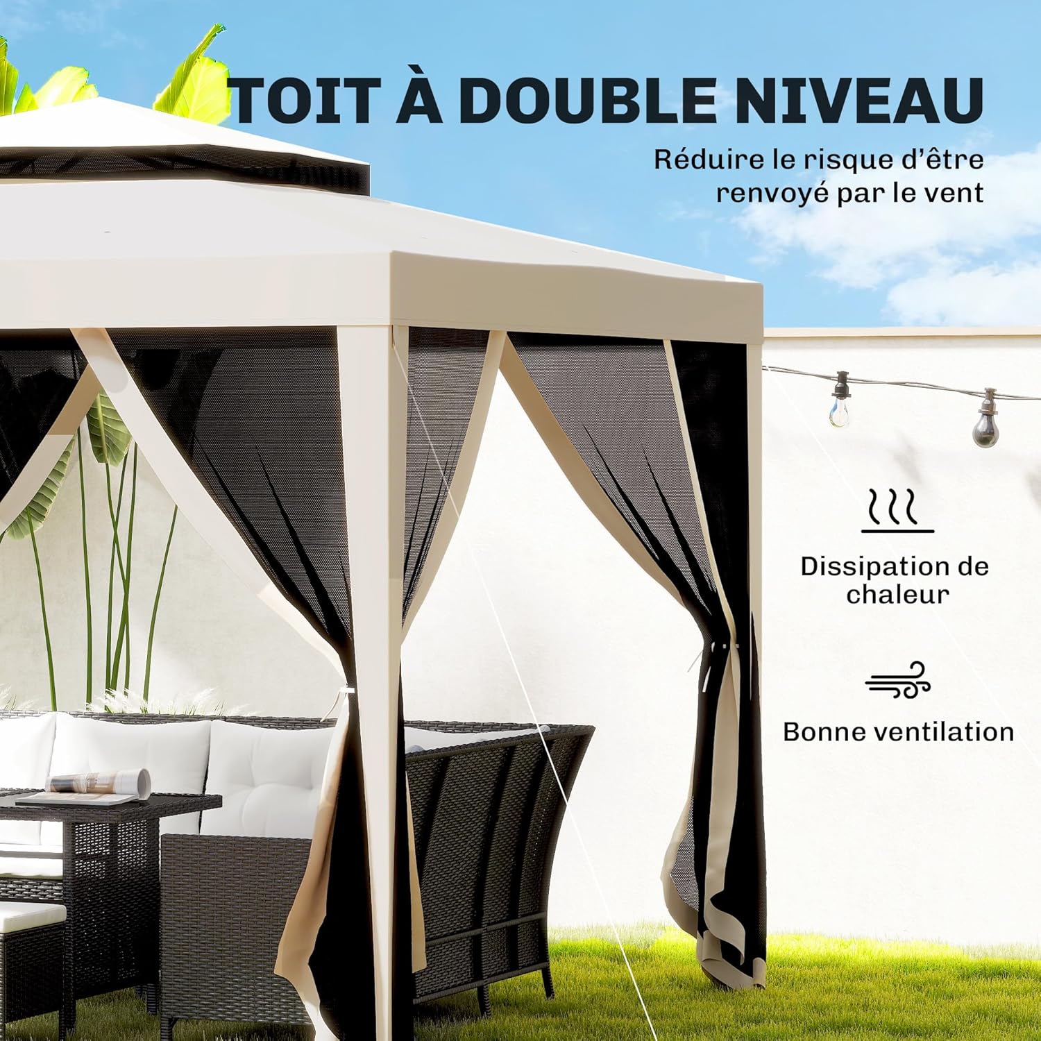 Outsunny - Tonnelle Barnum Jardin - 3x3m - moustiquaires, double toit, beige