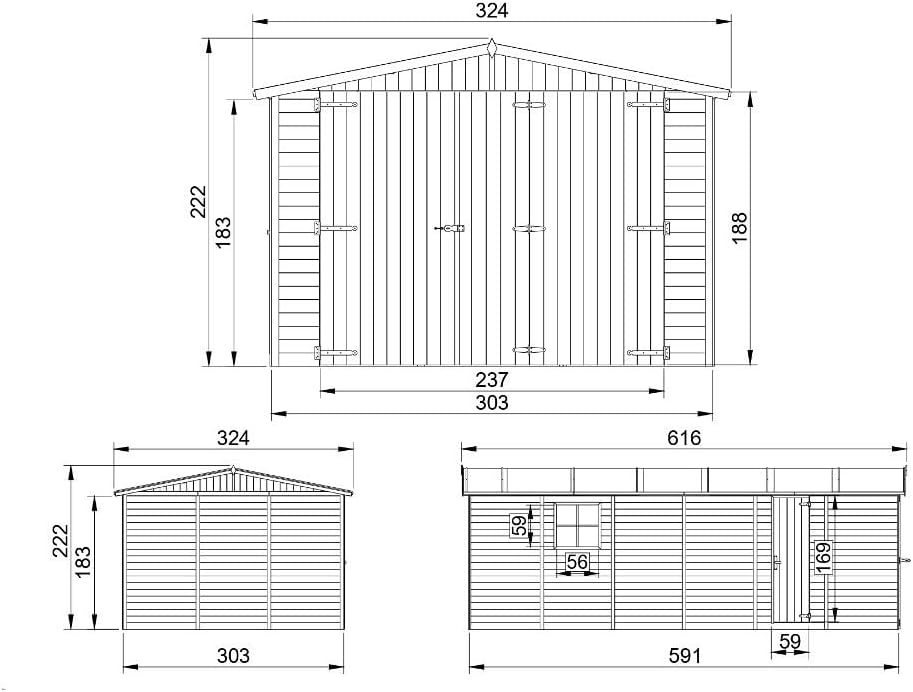 TIMBELA - Garage de jardin bois, 18m², 616x324x222cm, abri, M102