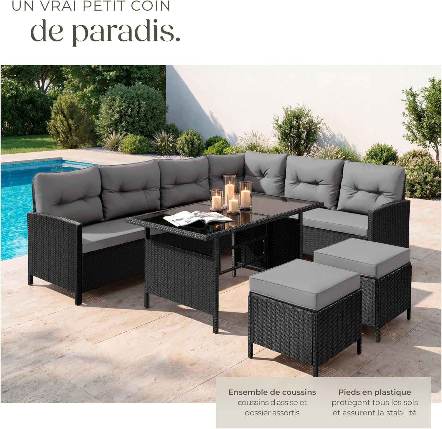tectake - salon jardin modulable rotin - canapé angle, verre, poufs, coussins