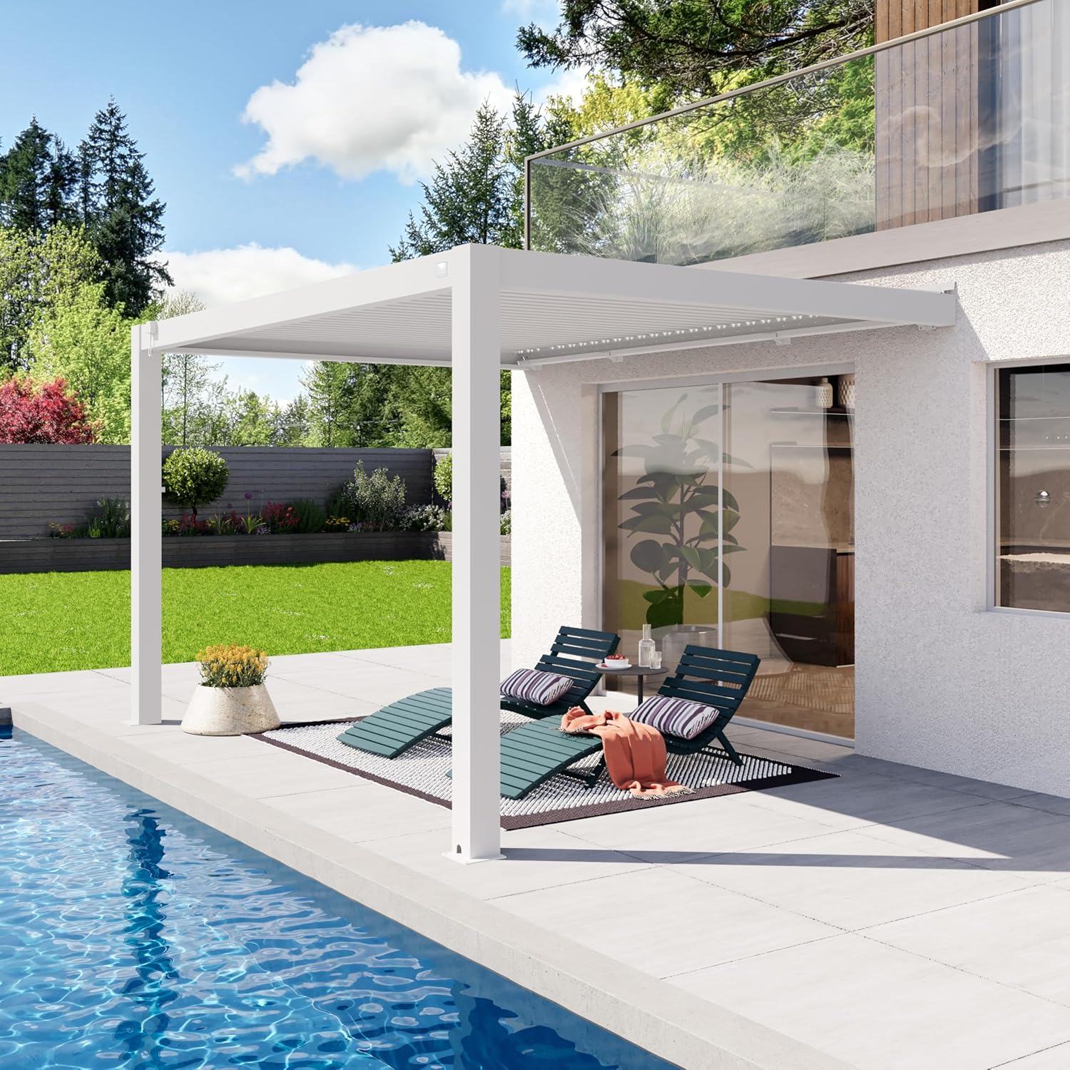 PRIMEYARD - Pergola adossée série Aluminium - 3x4 m - lames orientables, poteaux aluminium blancs