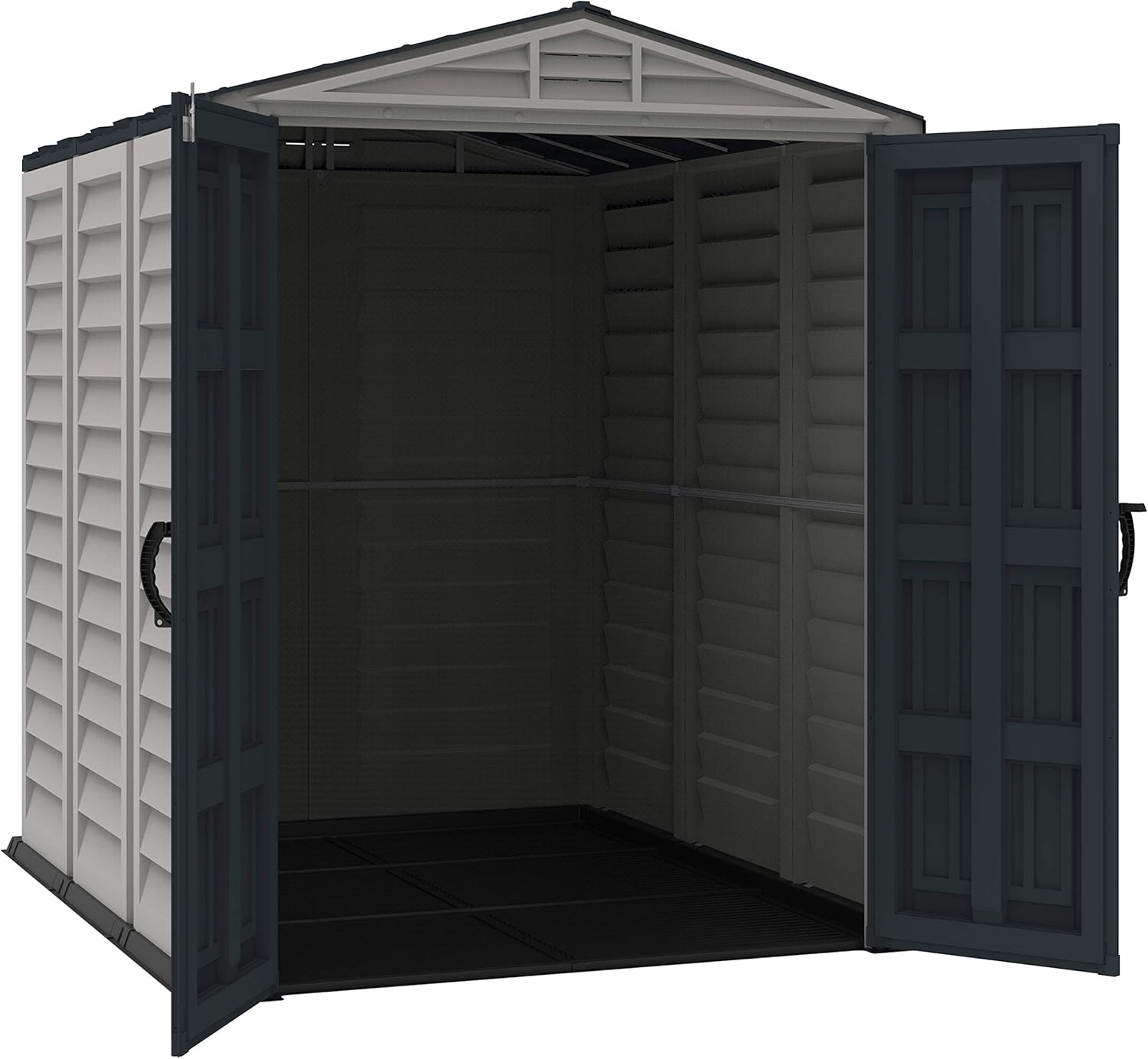 Duramax YardMate PLUS 5 x 8 (4.28 m²) Abri de jardin en plastique avec plancher en plastique robuste, structure de toit en métal robuste, ignifuge et sans entretien, Gris foncé/ Adobe