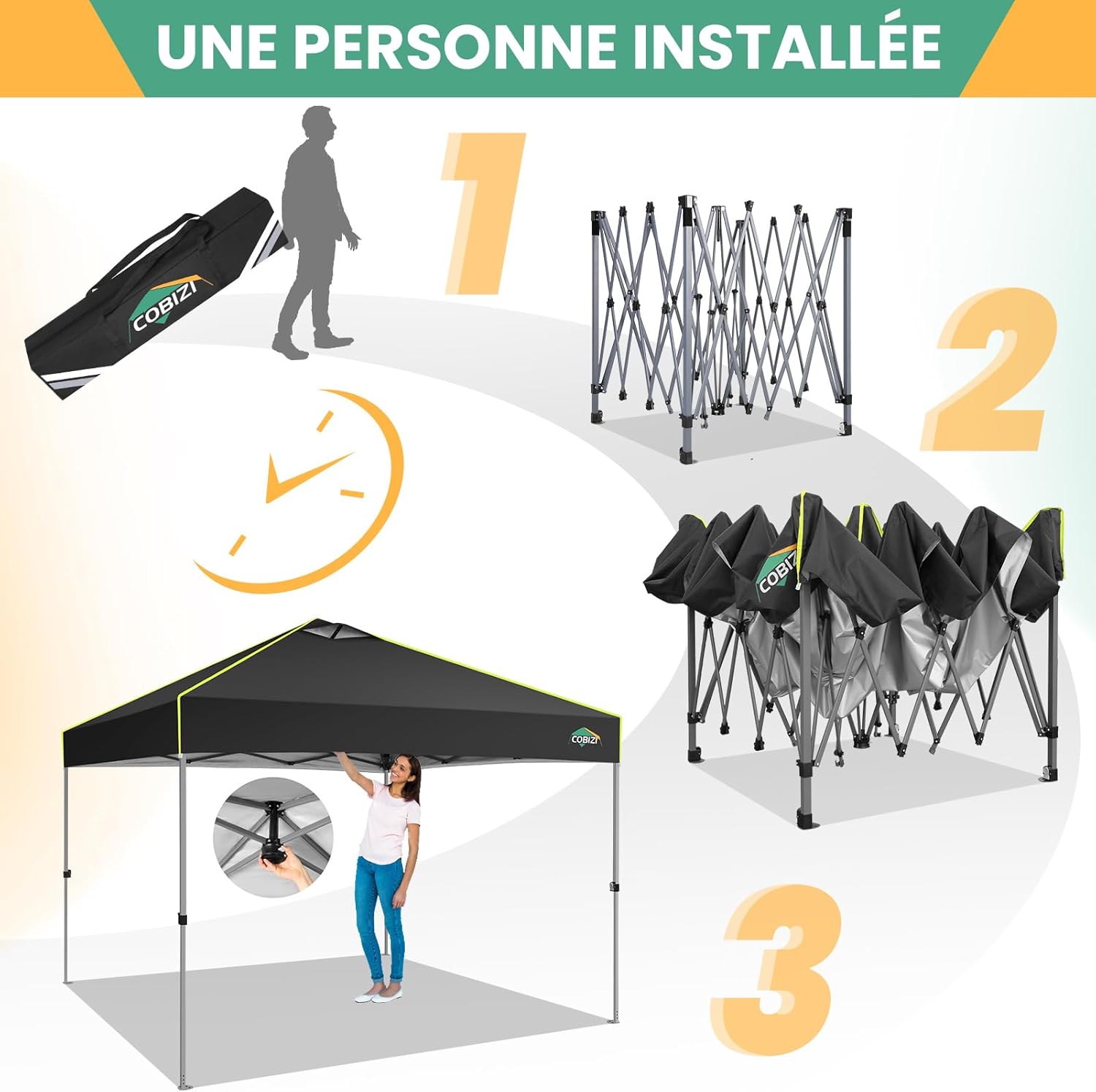 COBIZI - Tonnelle pliante série Barnum 3x3m, UV50+, verrouillage central, 4 parois, fluorescente