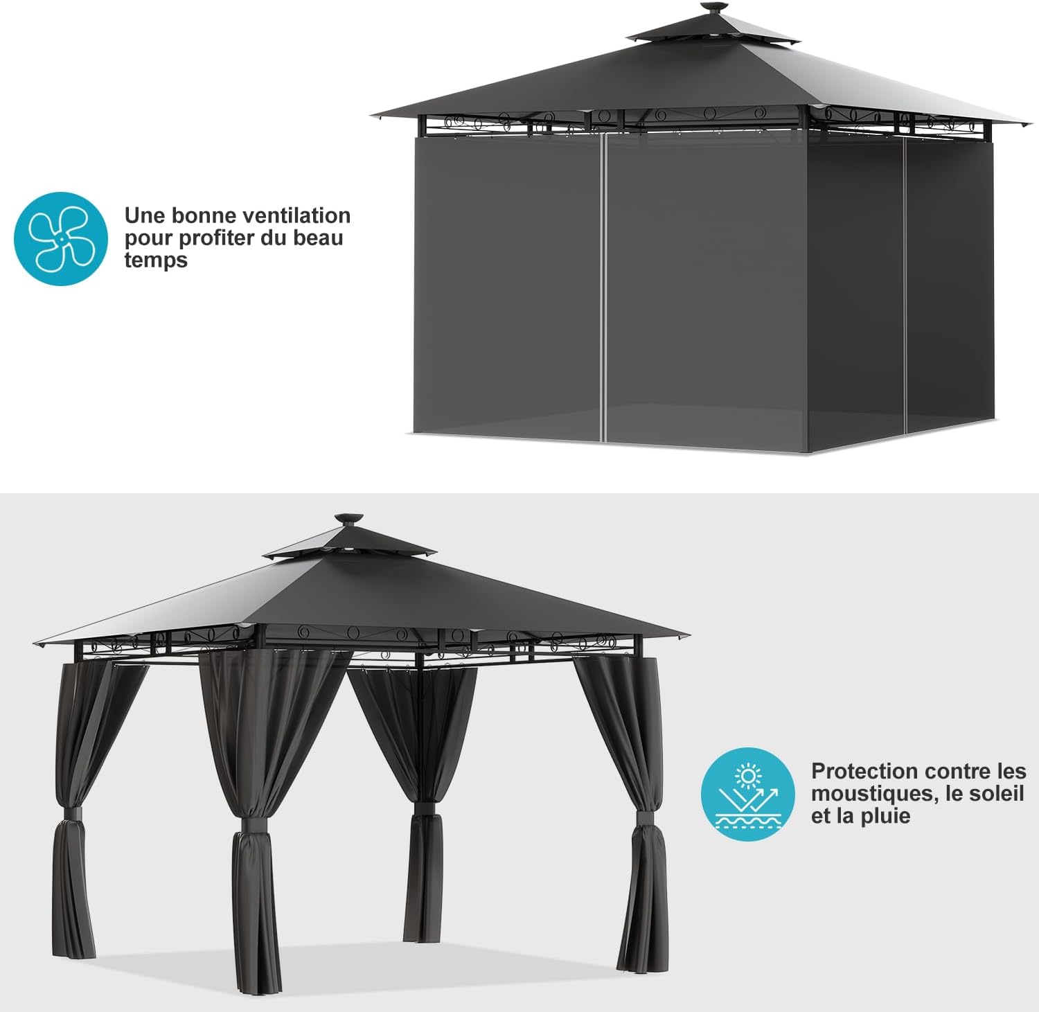 Devoko - Tonnelle Deluxe - 3x3m - LED, métal, 4-6 pers, gris