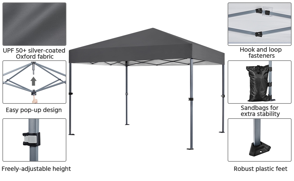 avec hauteur réglable, tissu UPF 50+, fermetures auto-agrippantes, sacs de sable pour plus de stabilité et pieds en plastique robustes. Dispose d'un design facile à installer et d'un tissu Oxford enduit d'argent