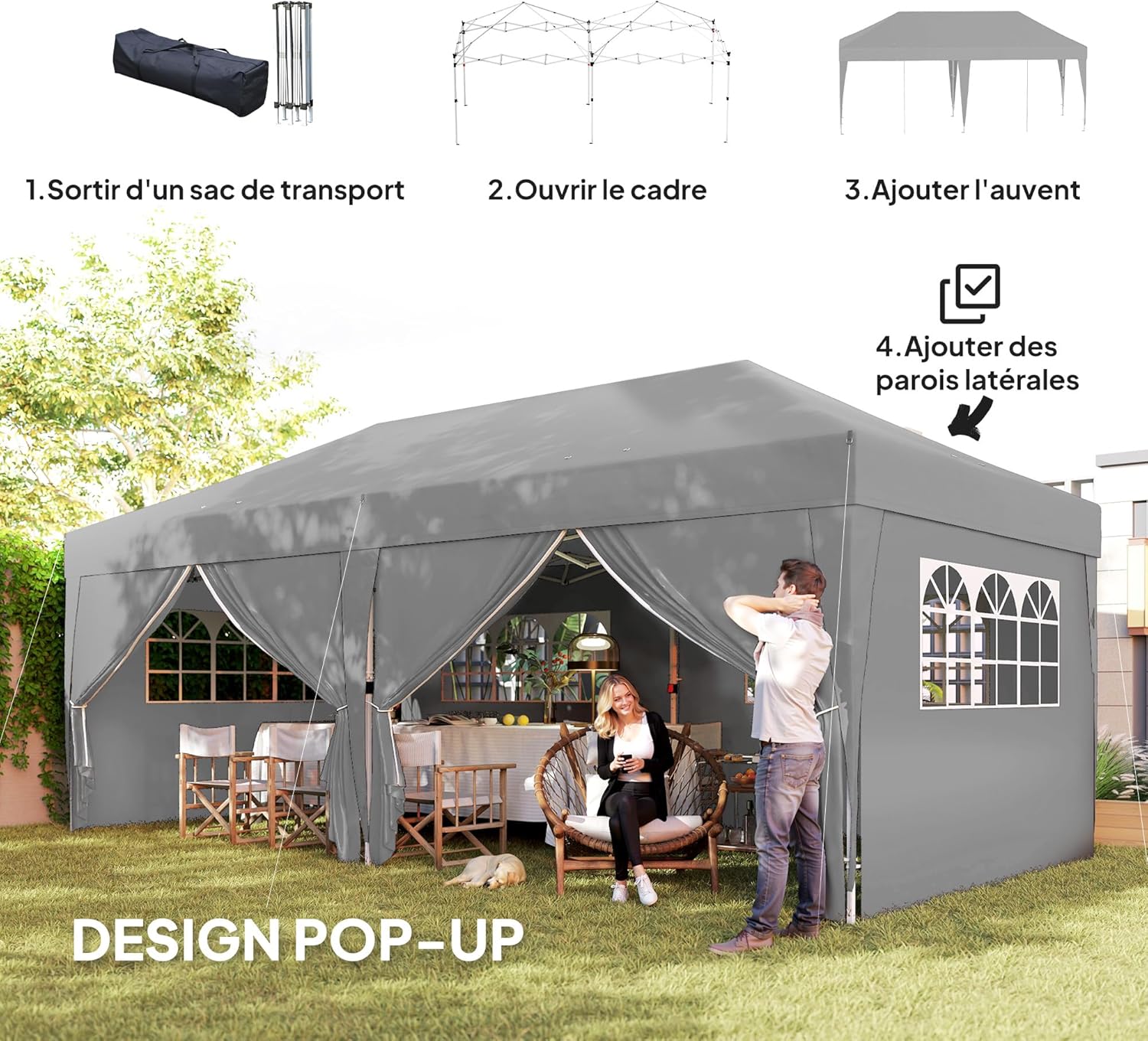 Outsunny - tonnelle pliante série Pop-up - 3x6m - 6 parois, sac transport, gris