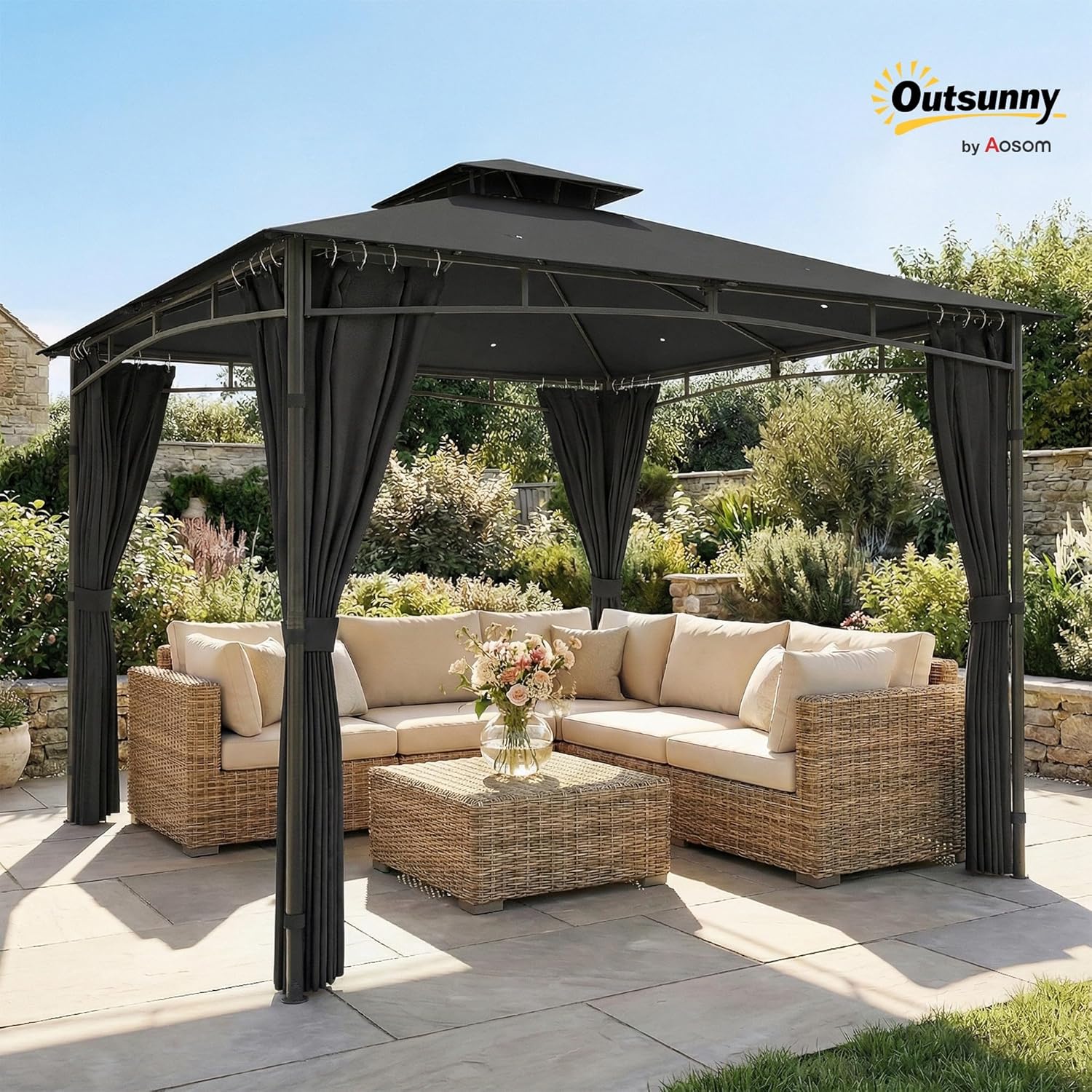 Outsunny - Pavillon Jardin Série 3x3m, toit rétractable, UV50+, Ø48mm