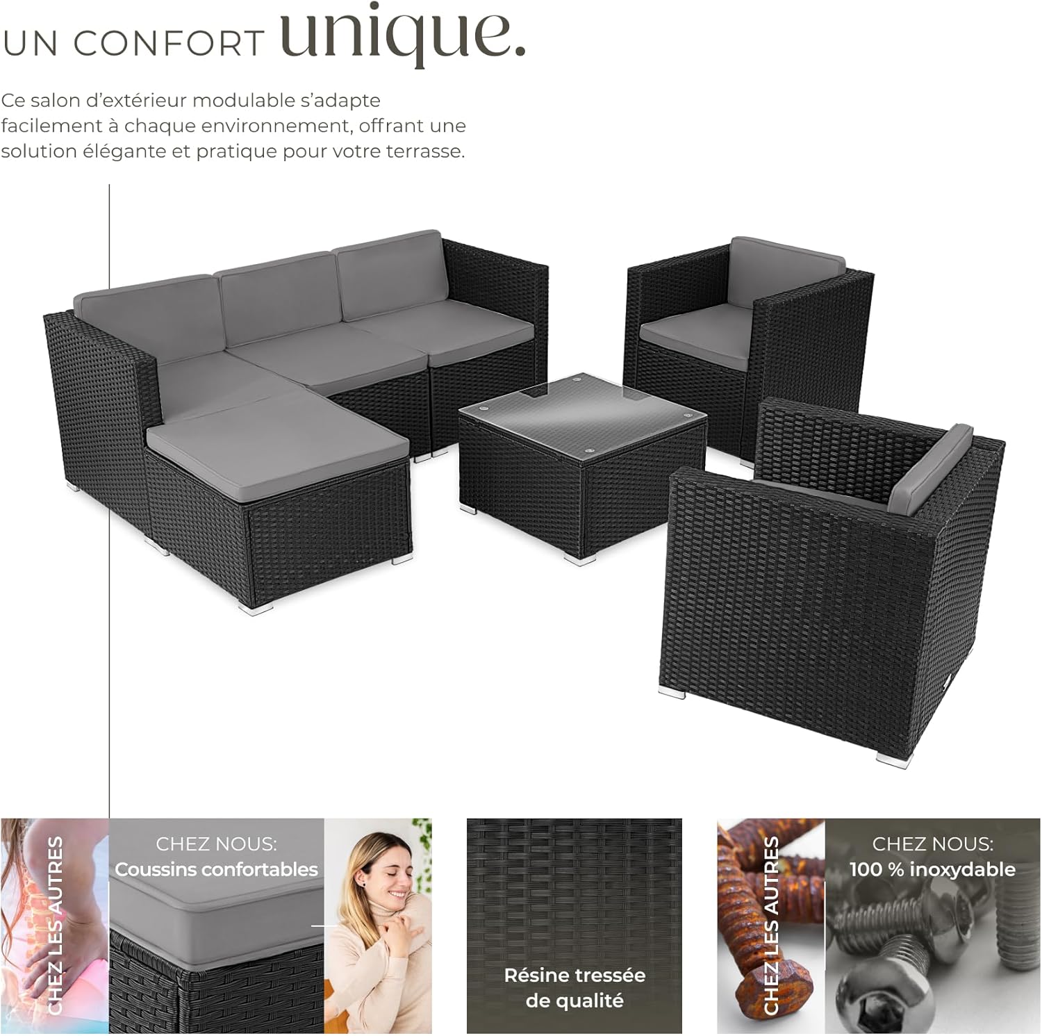 tectake - salon jardin poly rotin modulable 7 places, coussins inclus, ensemble fauteuils et table