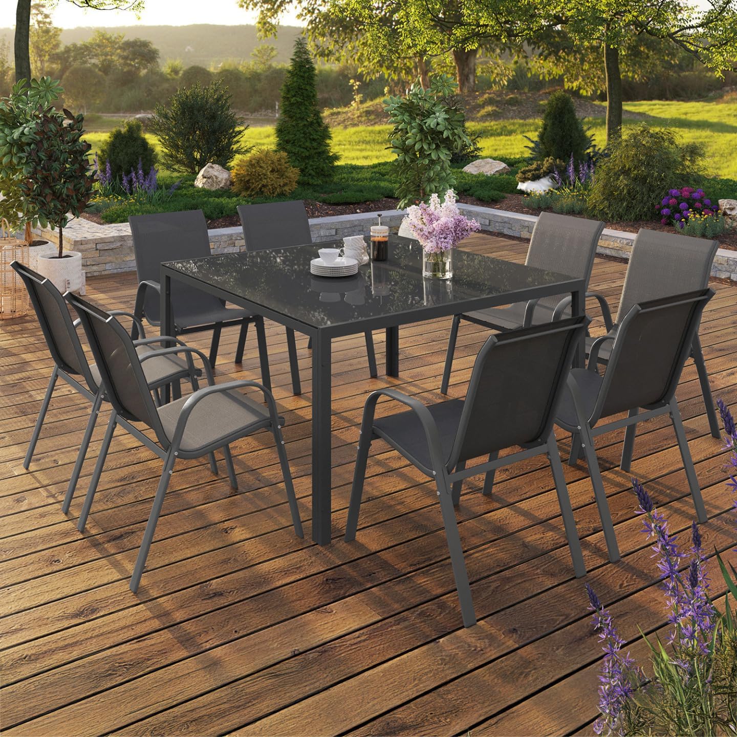 IDMarket - Madrid salon de jardin carré 130 cm, 8 chaises empilables, gris anthracite
