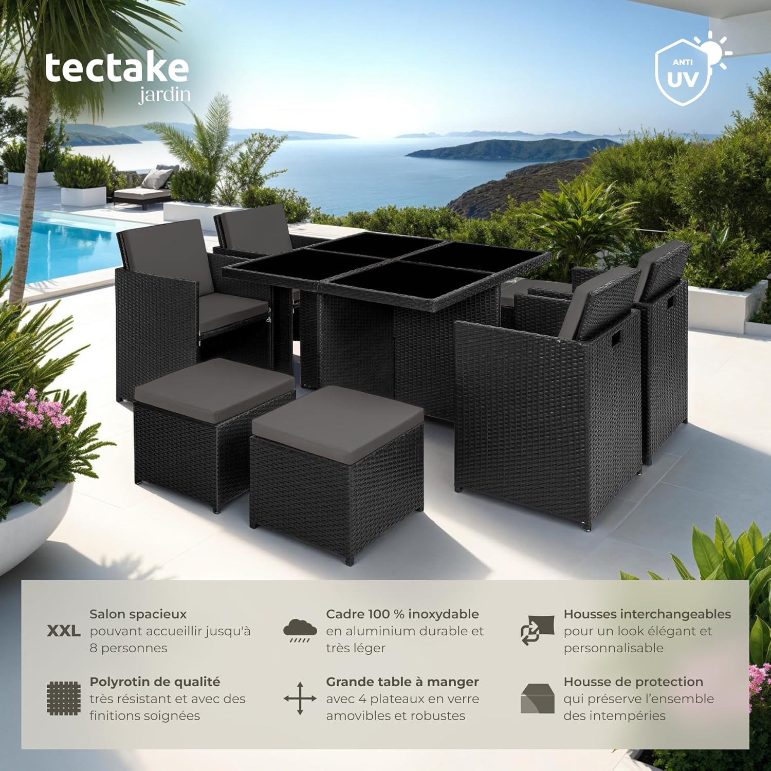 tectake - Salon de Jardin 8 places - alu, poly rotin, table large, noir