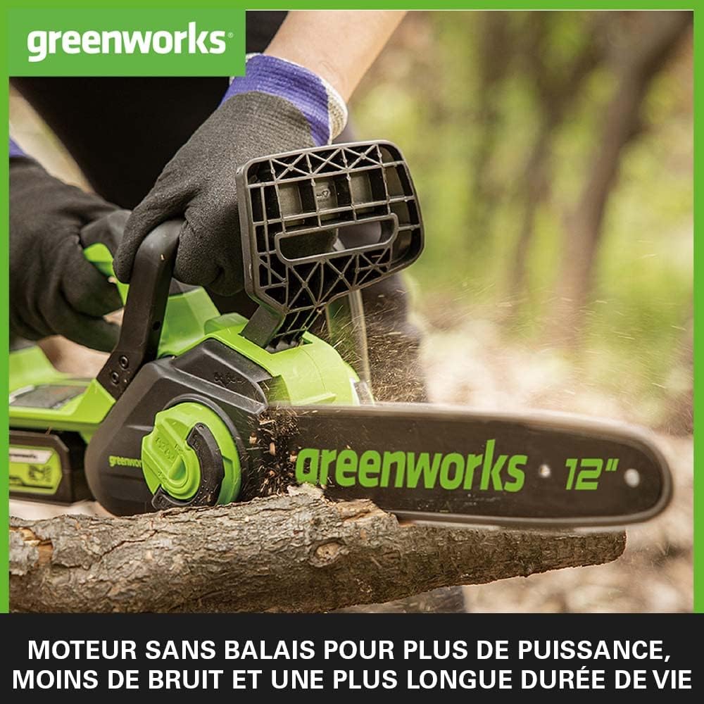 Greenworks GD24CS30 Tronçonneuse à Batterie avec Moteur Sans Balais, Longueur Guide-Chaîne 30cm, Vitesse Chaîne 7,8m/s, Graisseur Automatique, Anti-rebond SANS Batterie 24V Ni Chargeur, Garantie 3 Ans