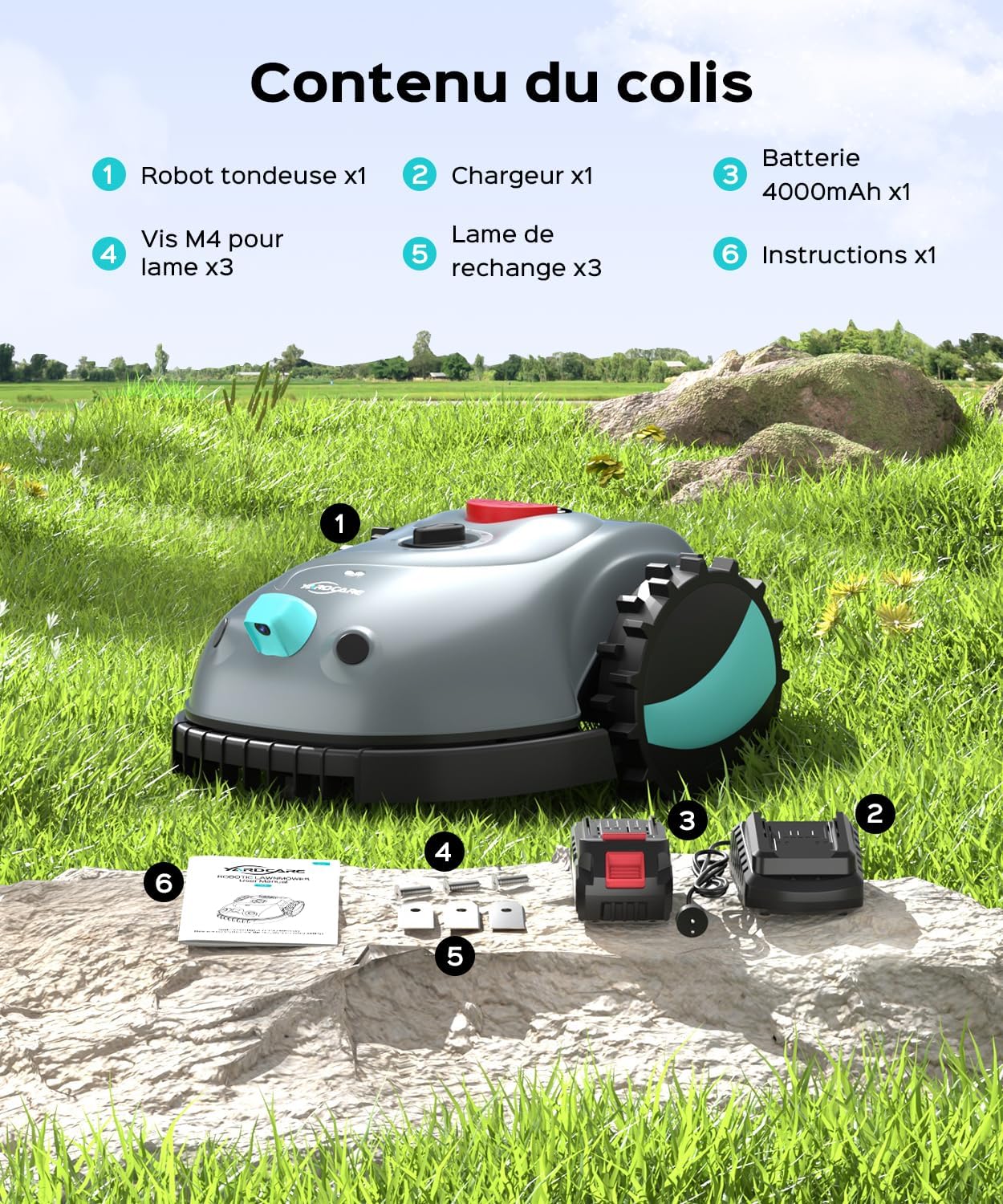 YARDCARE - robot tondeuse caméra 150㎡, batterie 4Ah spiral V100