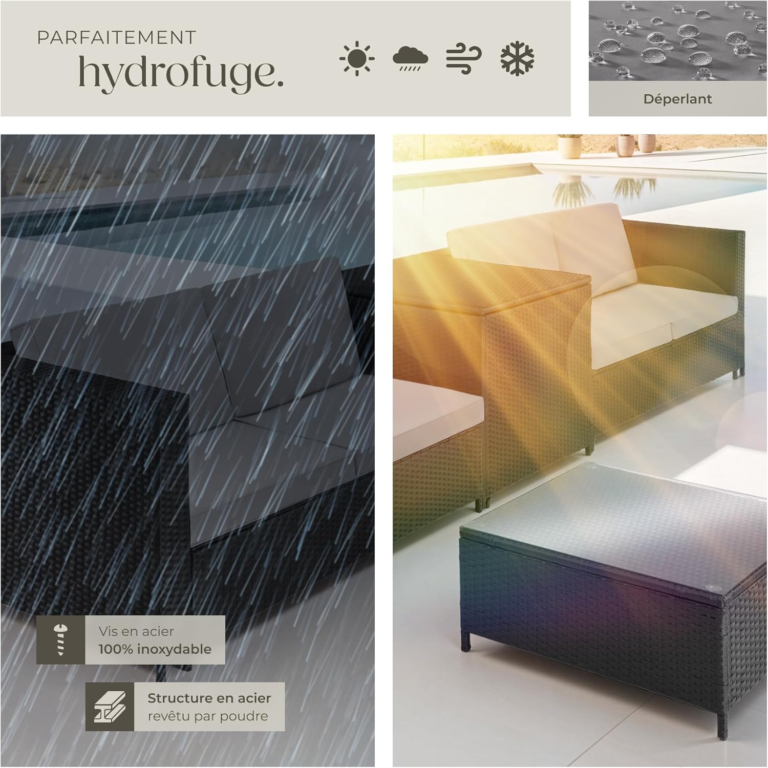 tectake - Ensemble salon jardin poly rotin, 4 places, coffre rangement, table verre