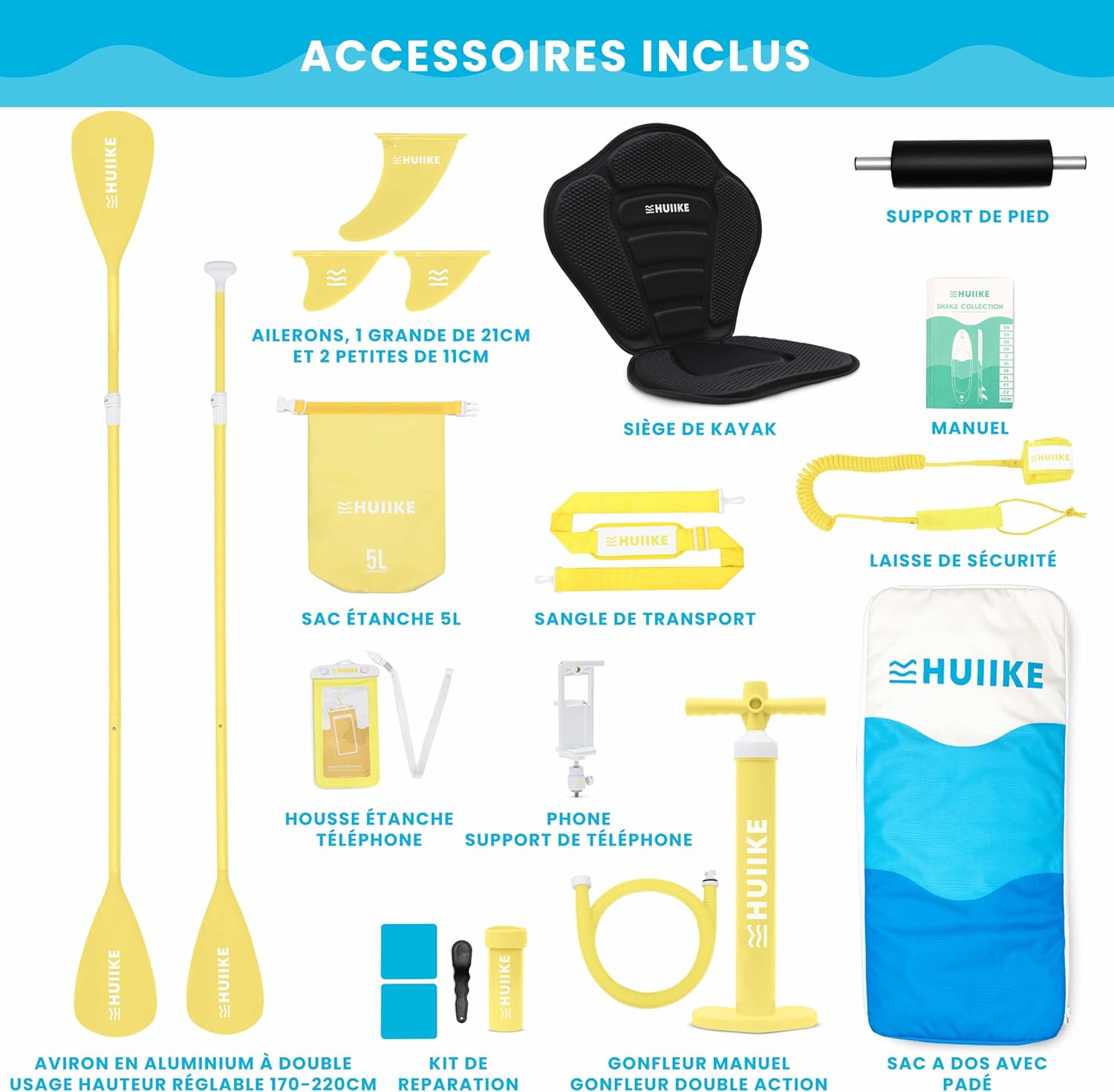 HUIIKE Paddle Gonflable Adulte avec Accessoires Inclus, Pagaie, Ailerons, Pompe. Planche de Stand Up Paddle Grande Stabilité et Résistance. 305 x 84 x 15 cm, Jusqu'à 130 kg