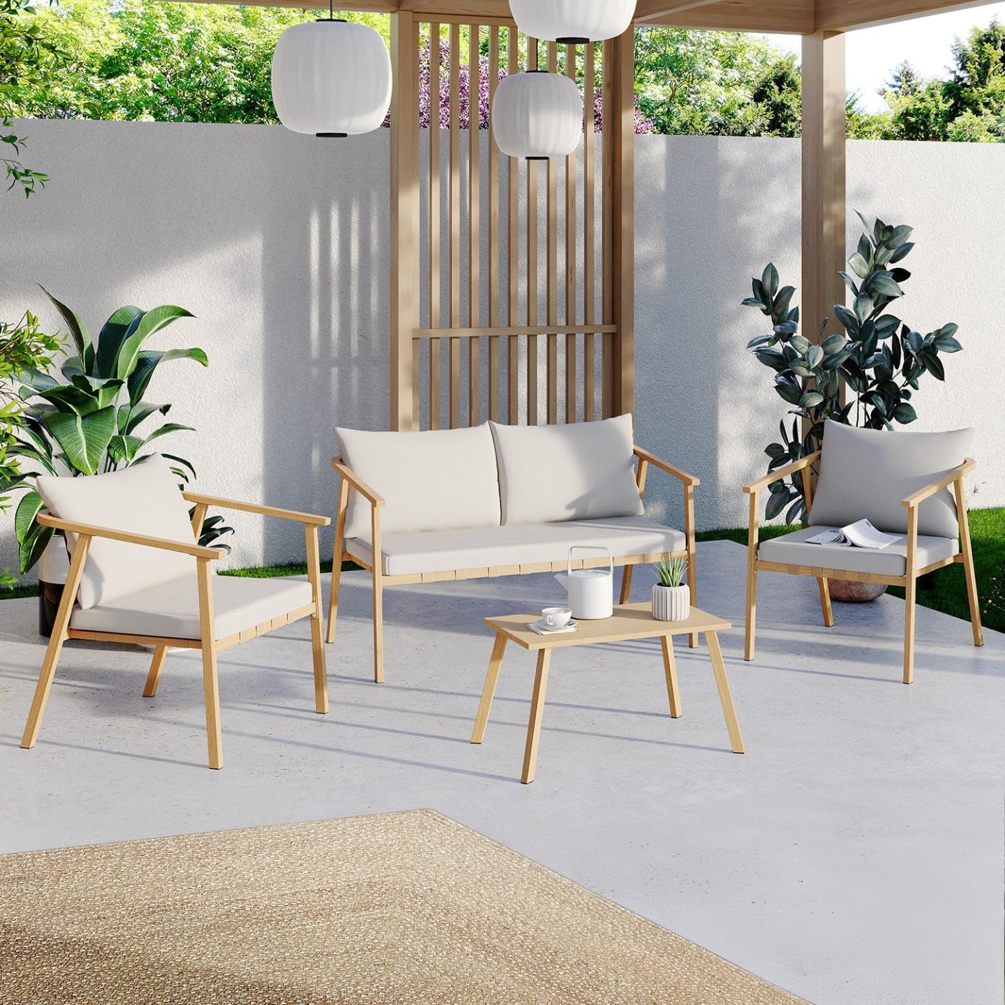 IDMarket - Malta salon bas 4 places métal bois coussins beiges
