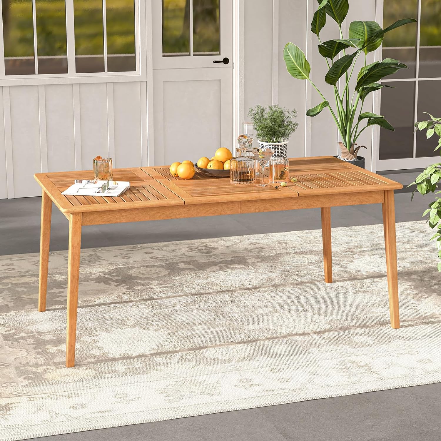 Costway - Table en bois d’Acacia, 170x90 cm, trou pour parasol 5 cm, 6 personnes