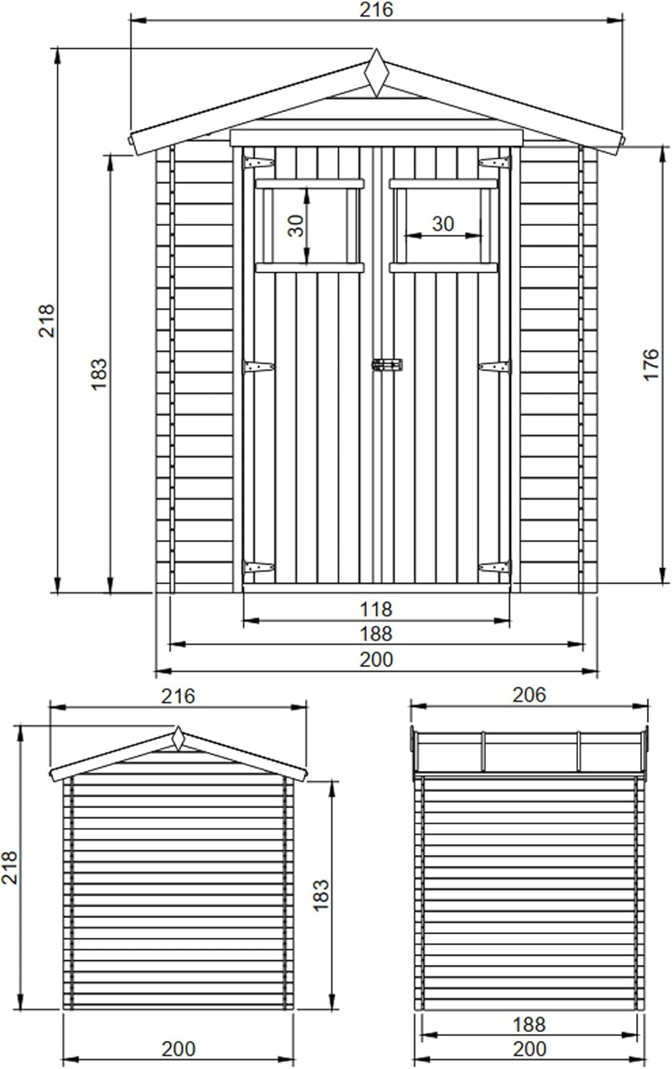 Abri de Jardin en Bois - Stockage extérieur I216xL206xH218 cm/ 3.53 m2 Petit abri à Outils, Local à vélos - TIMBELA M343