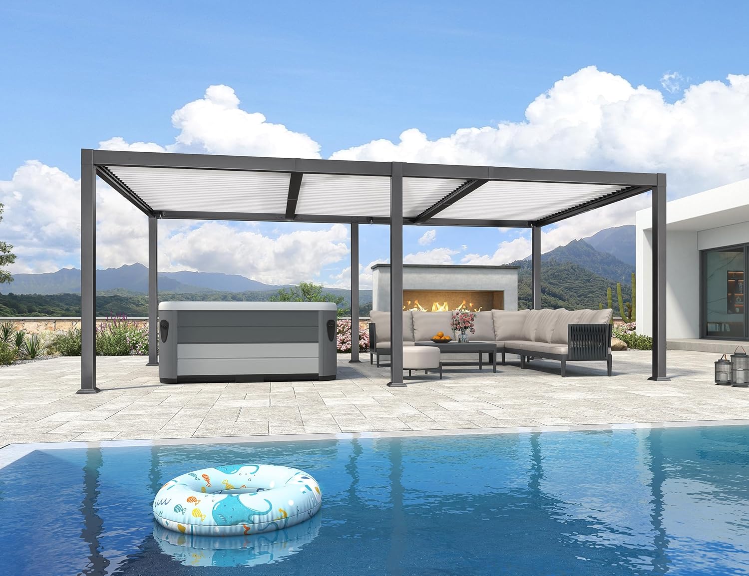 PURPLE LEAF - pergola bioclimatique - 6,35x3,5m - aluminium gris, poteaux blancs, lames orientables