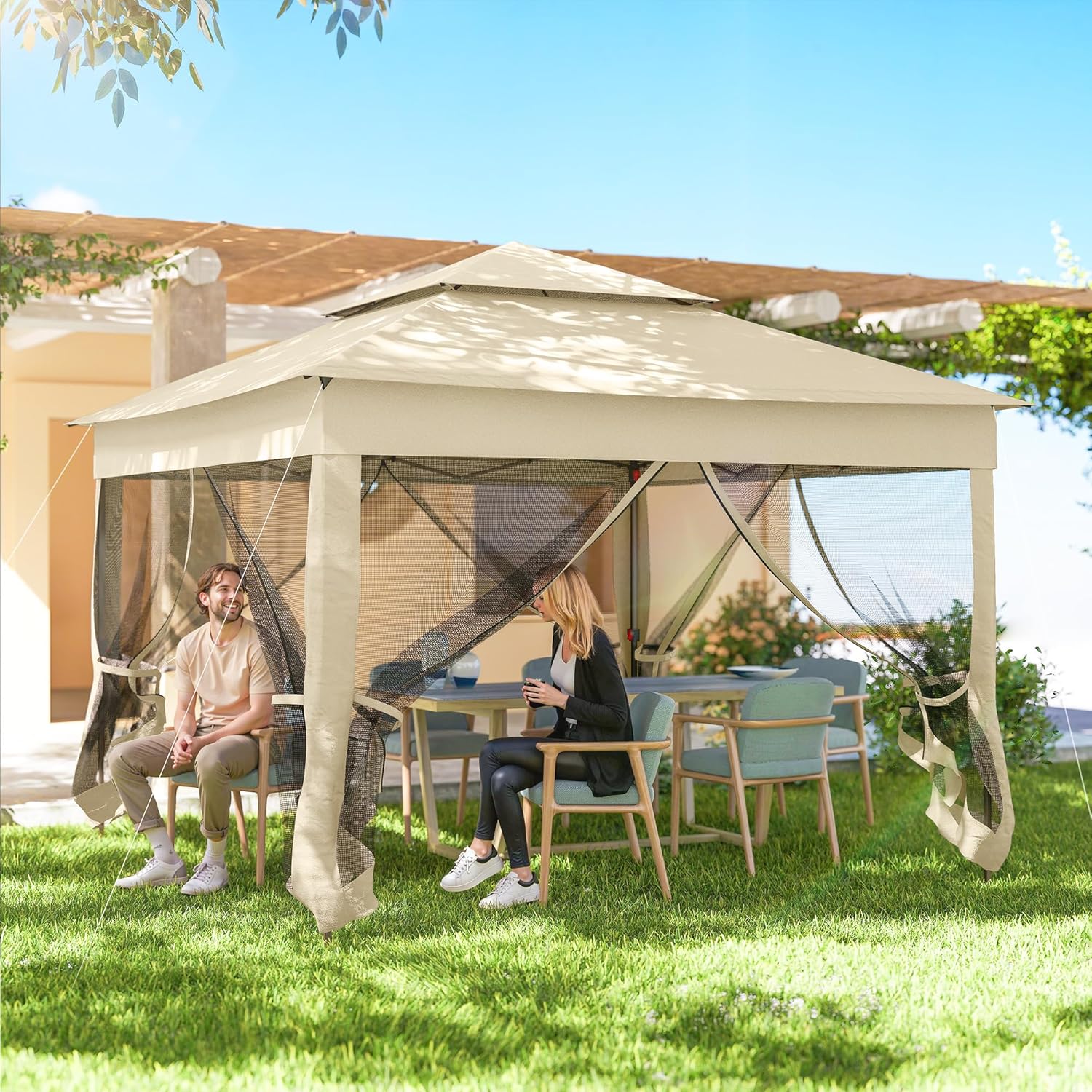 Outsunny - tonnelle pop-up - 3x3 m - métal, polyester, anti-UV, moustiquaires