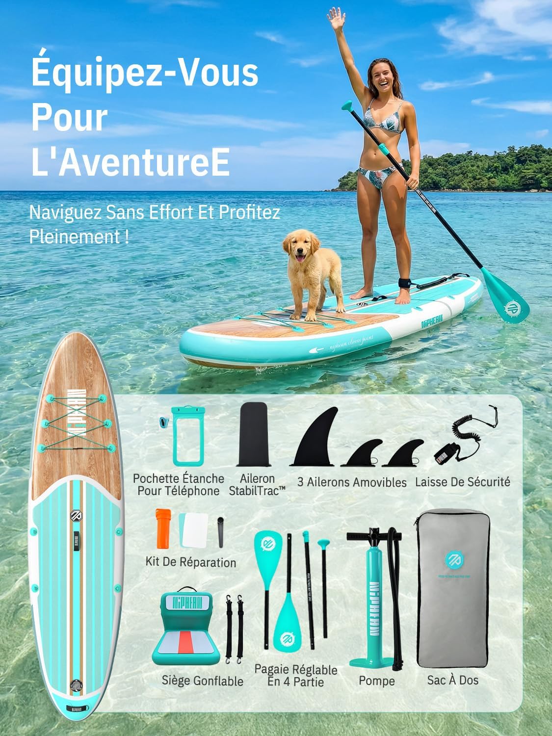 Niphean Paddle Gonflable Adulte avec Tous Les Accessoires, 320cm Planches de Stand Up Paddle Gonflables pour Tous Les Niveaux, Sup avec Capacité 200 kg pour 2 Personnes, Paddle Gonflable avec Siège