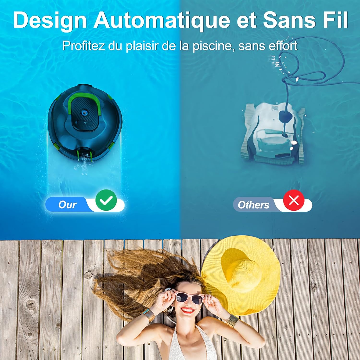 MEDOXA - Robot de piscine sans fil - 120 min autonomie, 110㎡, stationnement auto, léger et puissant