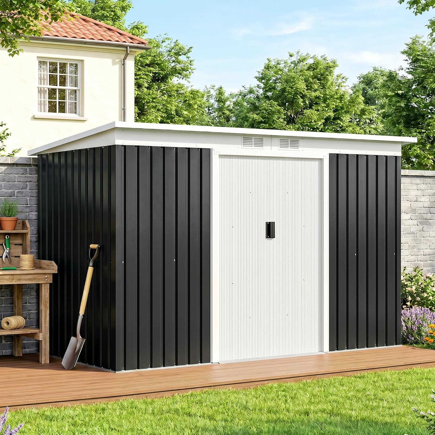 Outsunny - abri de jardin acier galvanisé 3,6m² - portes coulissantes, fondation, ventilé, 280x130x172cm
