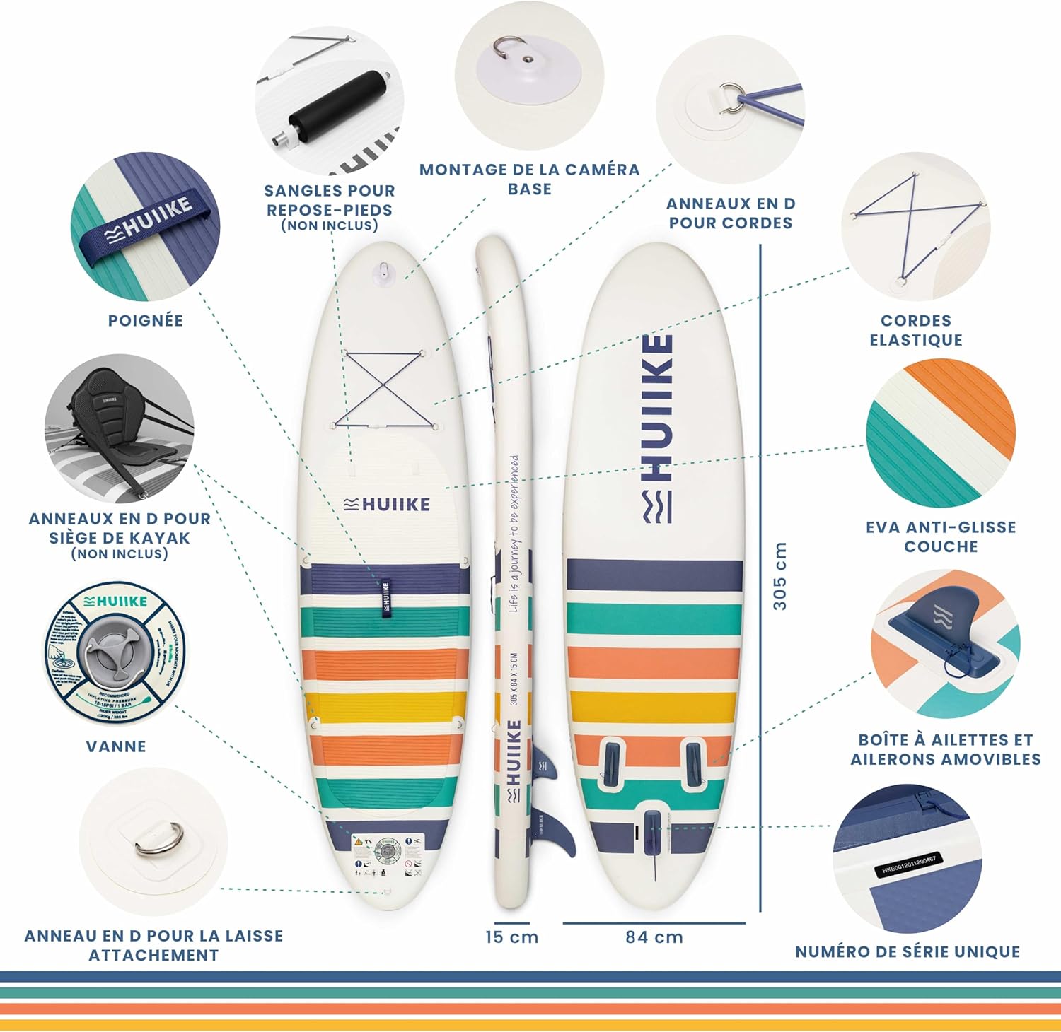 HUIIKE Paddle Gonflable Adulte avec Accessoires Inclus, Pagaie, Ailerons, Pompe. Planche de Stand Up Paddle Grande Stabilité et Résistance. 305 x 84 x 15 cm, Jusqu'à 130 kg