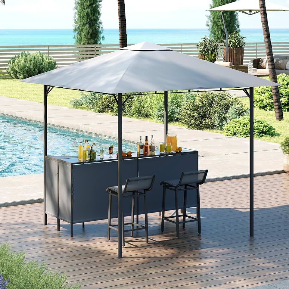 GOPLUS 3 Pcs Abri Barbecue Jardin Exterieur avec Bar Exterieur, Tonnelle Barbecue avec 2 Tabourets Bar, Rangement, Plateau en Verre Trempée,Porte-Verres, en Métal avec Double Toit, 245 x 245 x 243CM