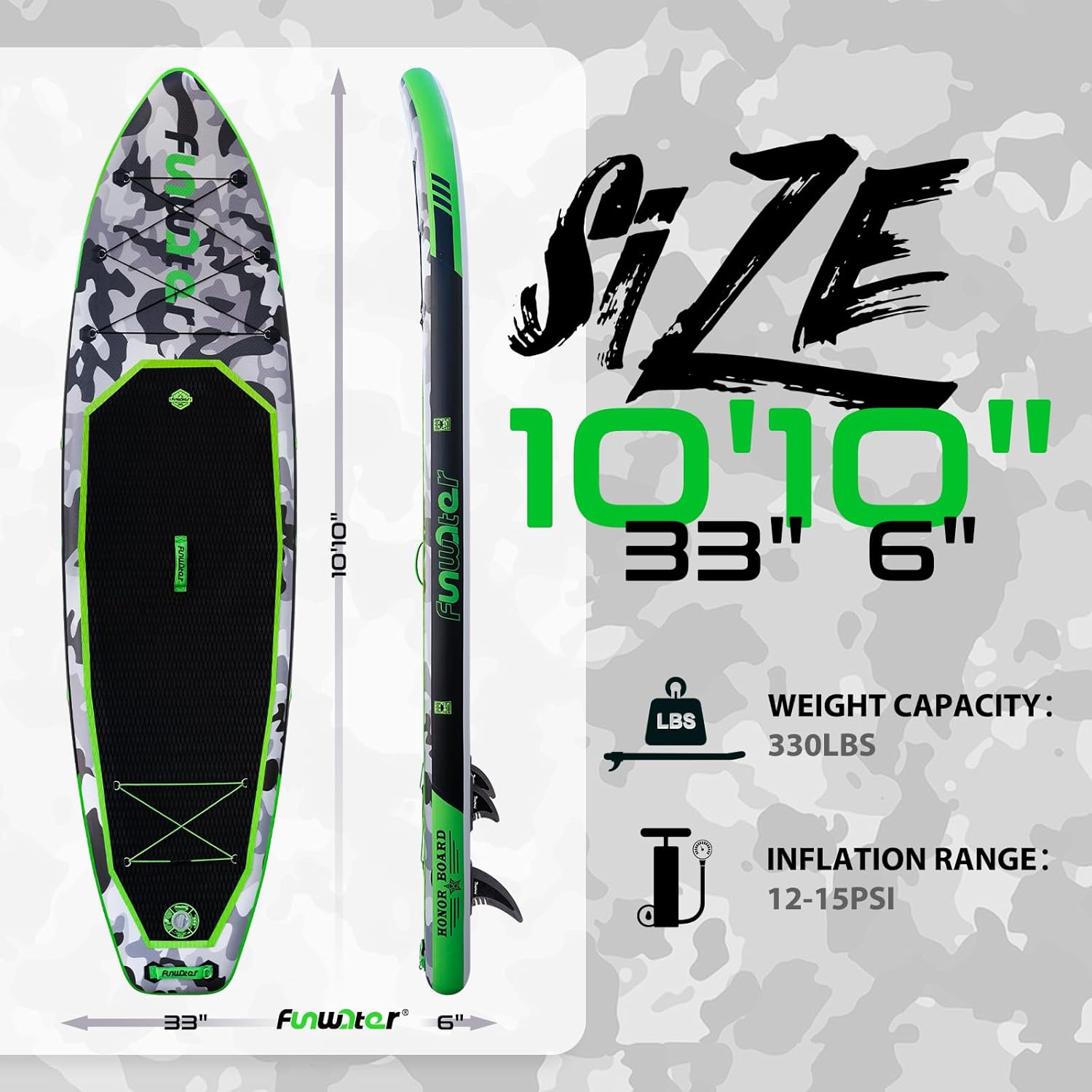 FunWater Planche de stand up paddle gonflable de 330 cm - Kit complet avec pagaie, sac à dos, étui pour téléphone portable, 3 palmes, pompe, siège et bandoulière - Planche de SUP pour débutants et