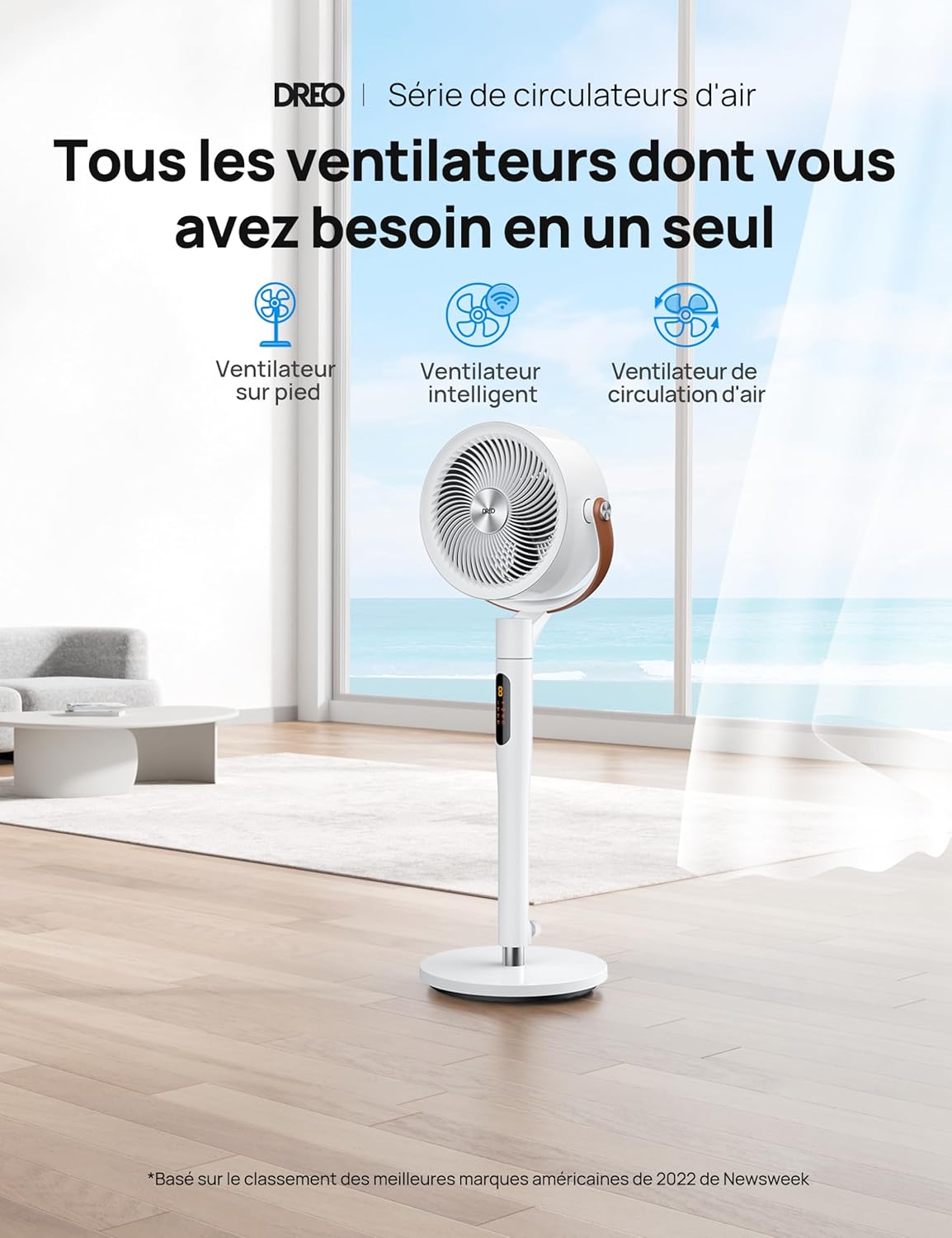 DREO - PolyFan 513S - 110cm - silencieux, 30m portée, 8 vitesses