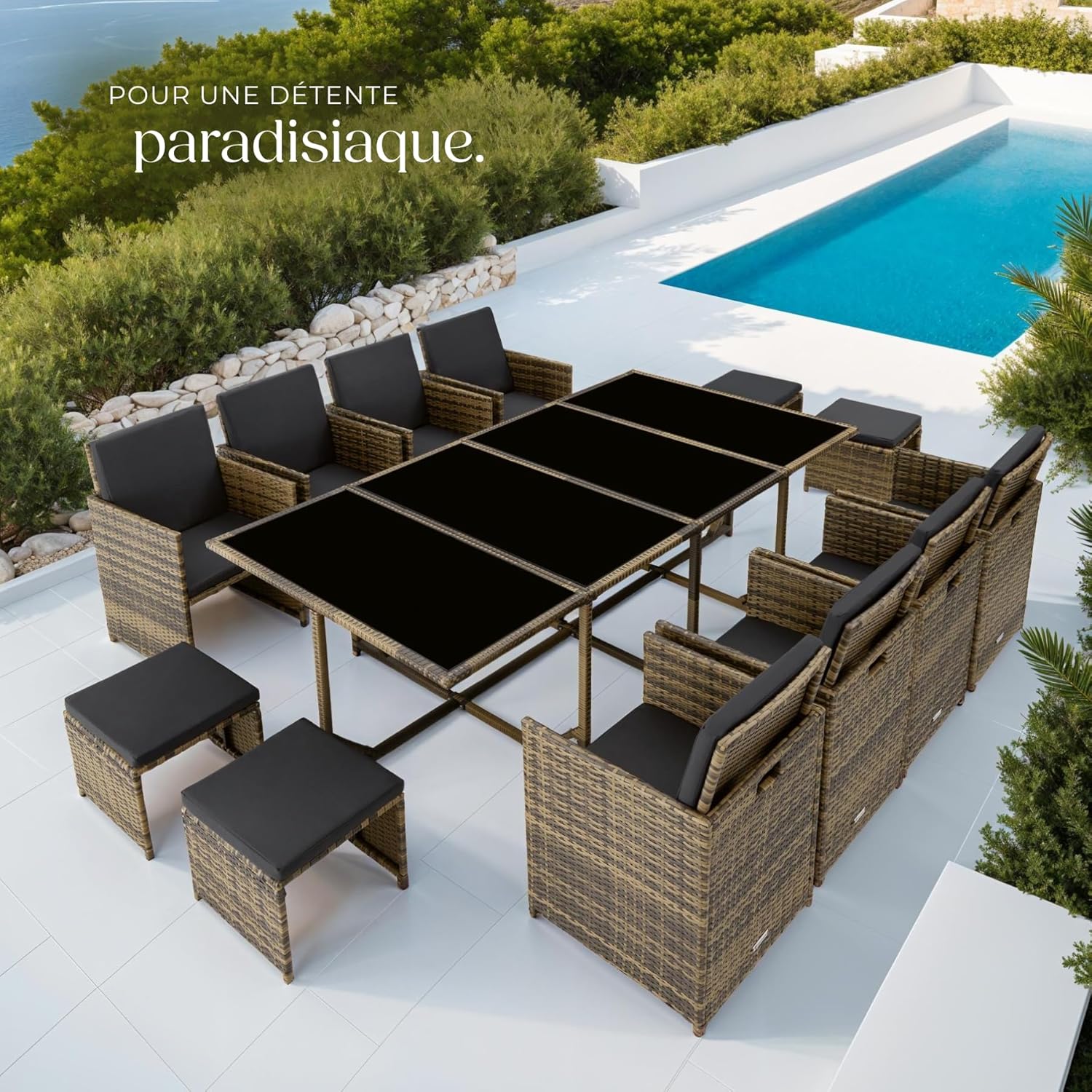 tectake - Salon en résine tressée 8 chaises, table, tabourets, pour jardin, balcon, terrasse - ensemble repas extérieur