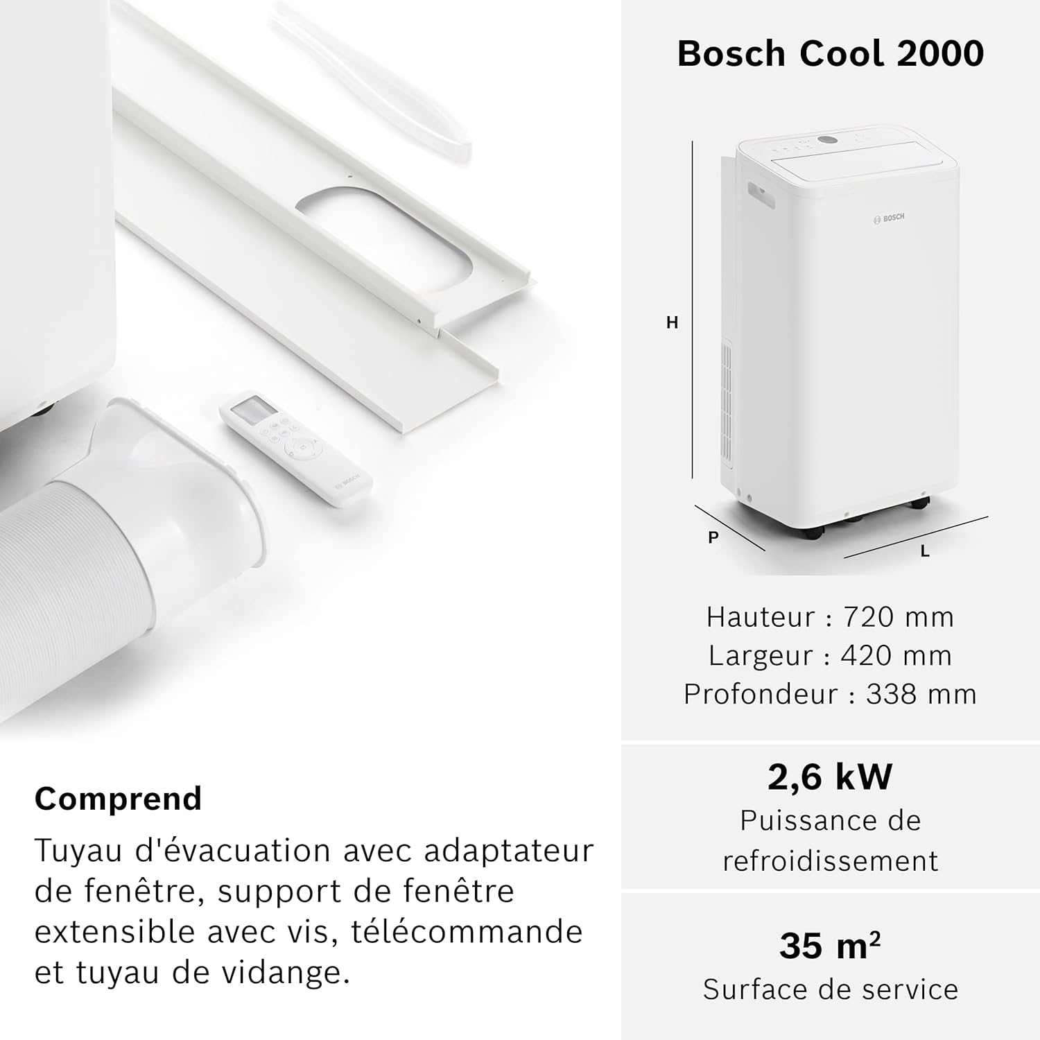Bosch - Cool 2000 - climatiseur 2,6kW, 3-en-1, pièces 35m², 46 dB