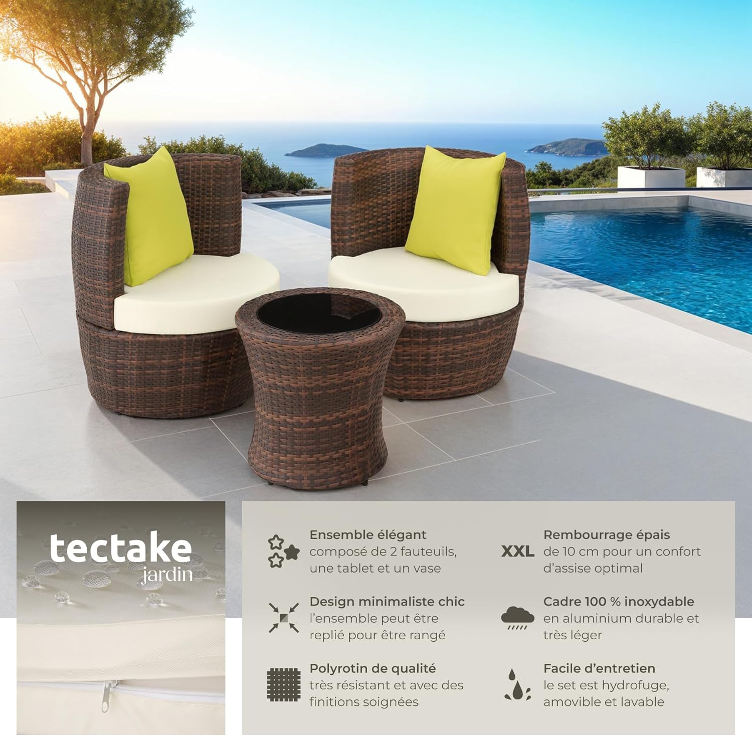 tectake - Salon de jardin 2 places - aluminium & rotin, coussins, pot, balcon