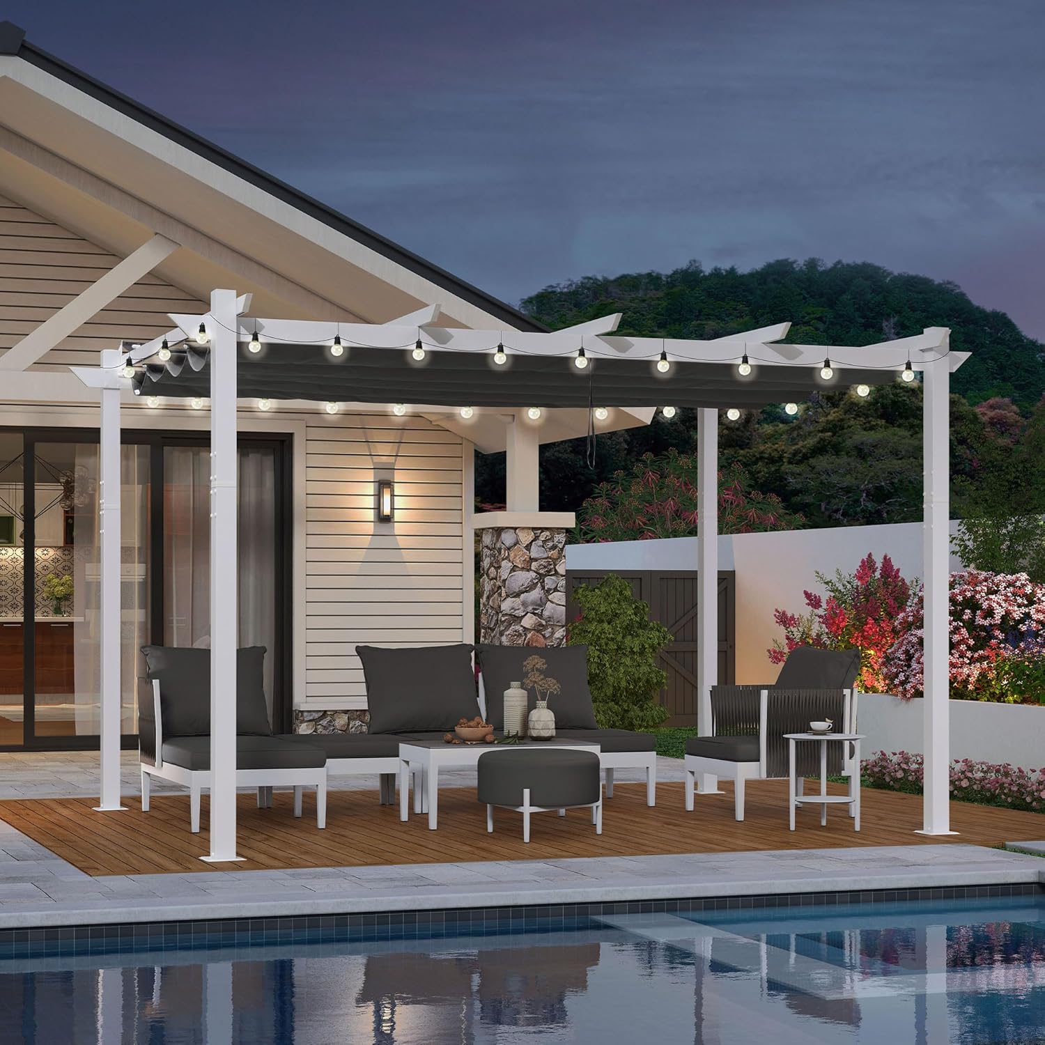 PURPLE LEAF - pergola aluminium - 4x3m - éclairage intégré, toit protégé, blanc/gris