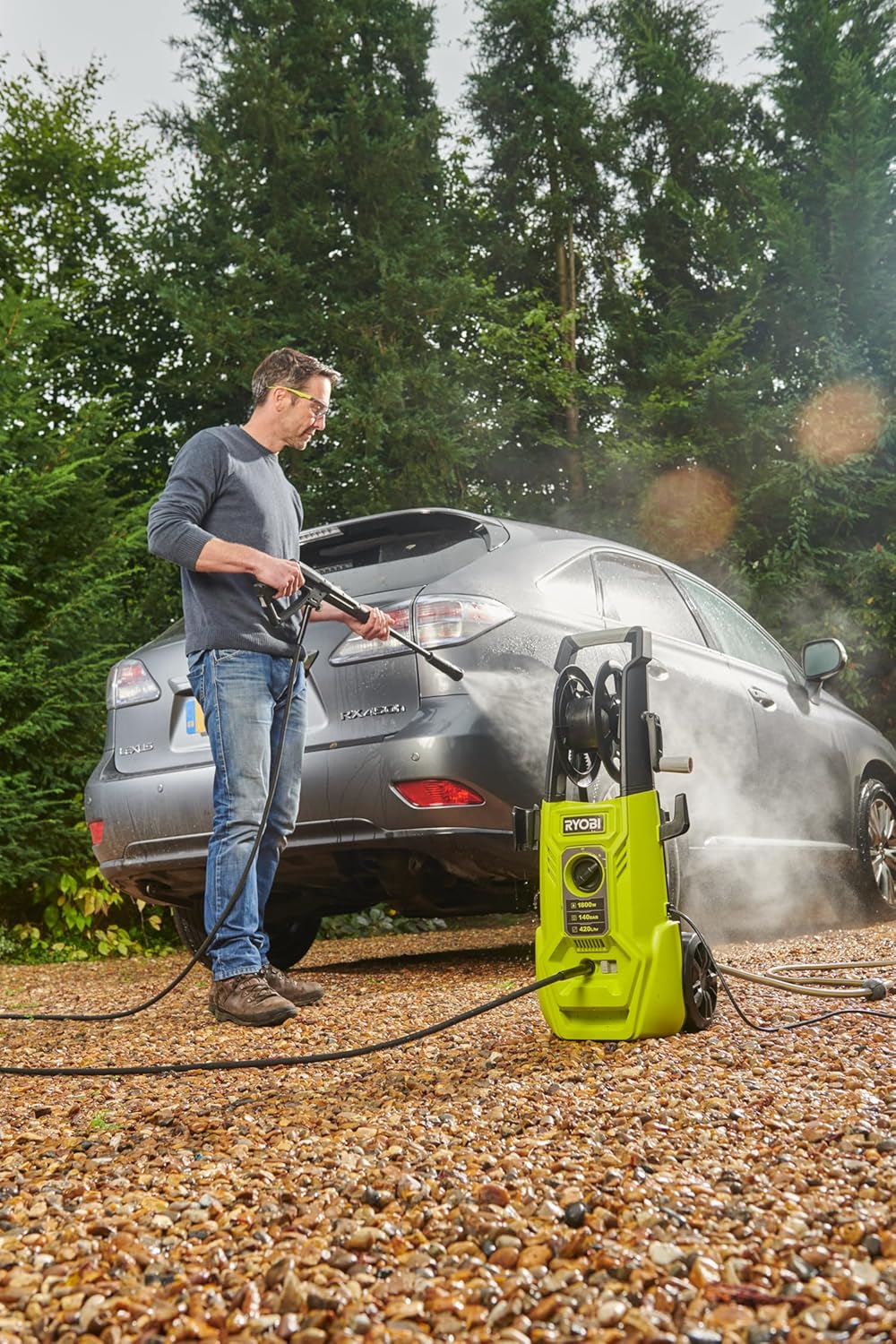 RYOBI RY140PWA-P Nettoyeur Haute Pression 1400 W – 110 Bar, 360 L/h, Lance + Buses + Détergent Inclus, Enrouleur de Tuyau, Pompe Aluminium – Nettoyage Terrasse, Vélo, Mobilier de Jardin