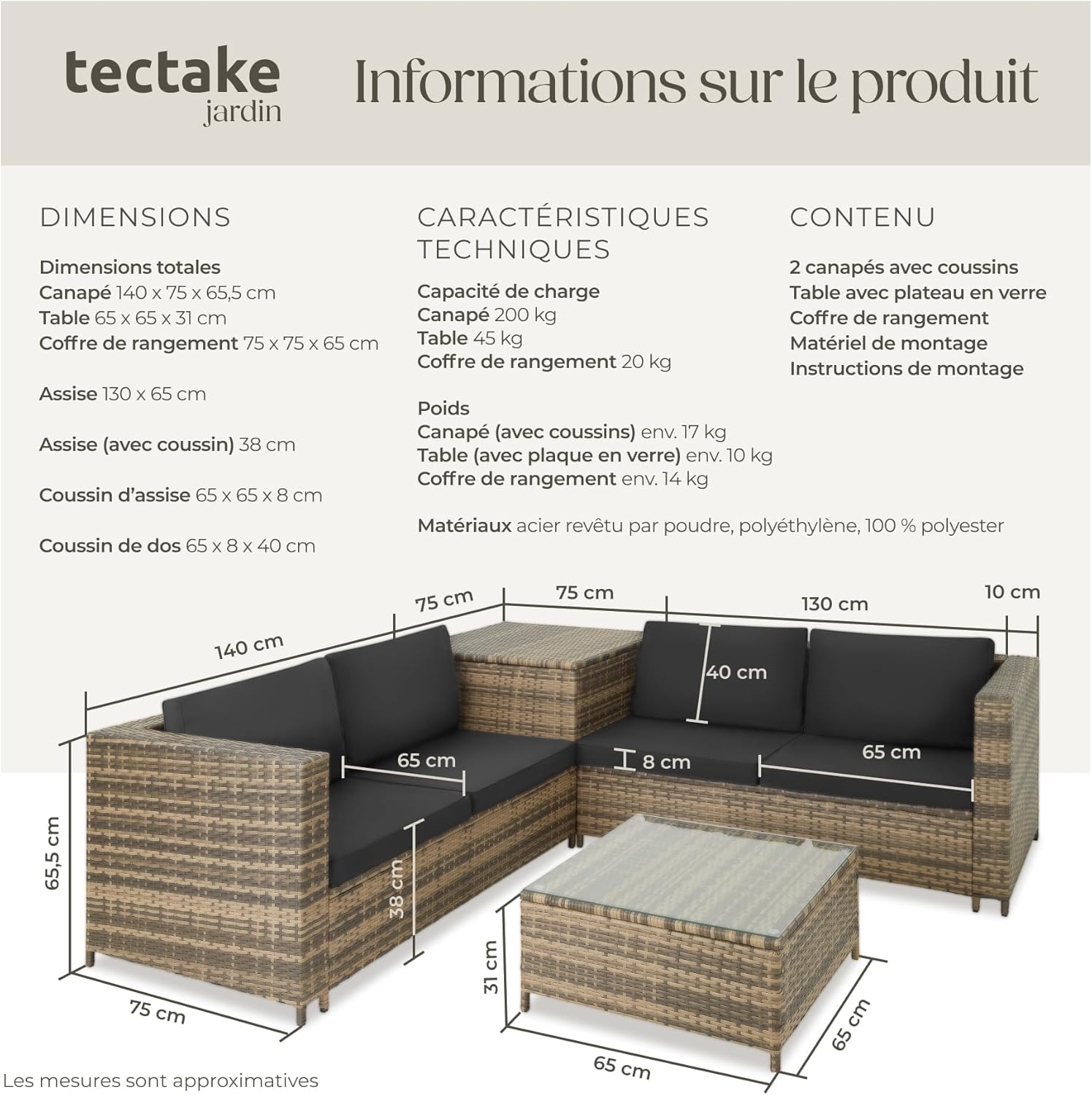 tectake - Ensemble salon Poly Rotin 4 pers. modulable, coffre, verre