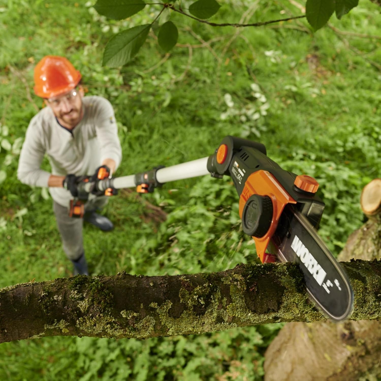WORX - tronçonneuse élagueuse 20V - guide 20cm - manche télescopique, coupe 3,6m, harnais, WG349E.9