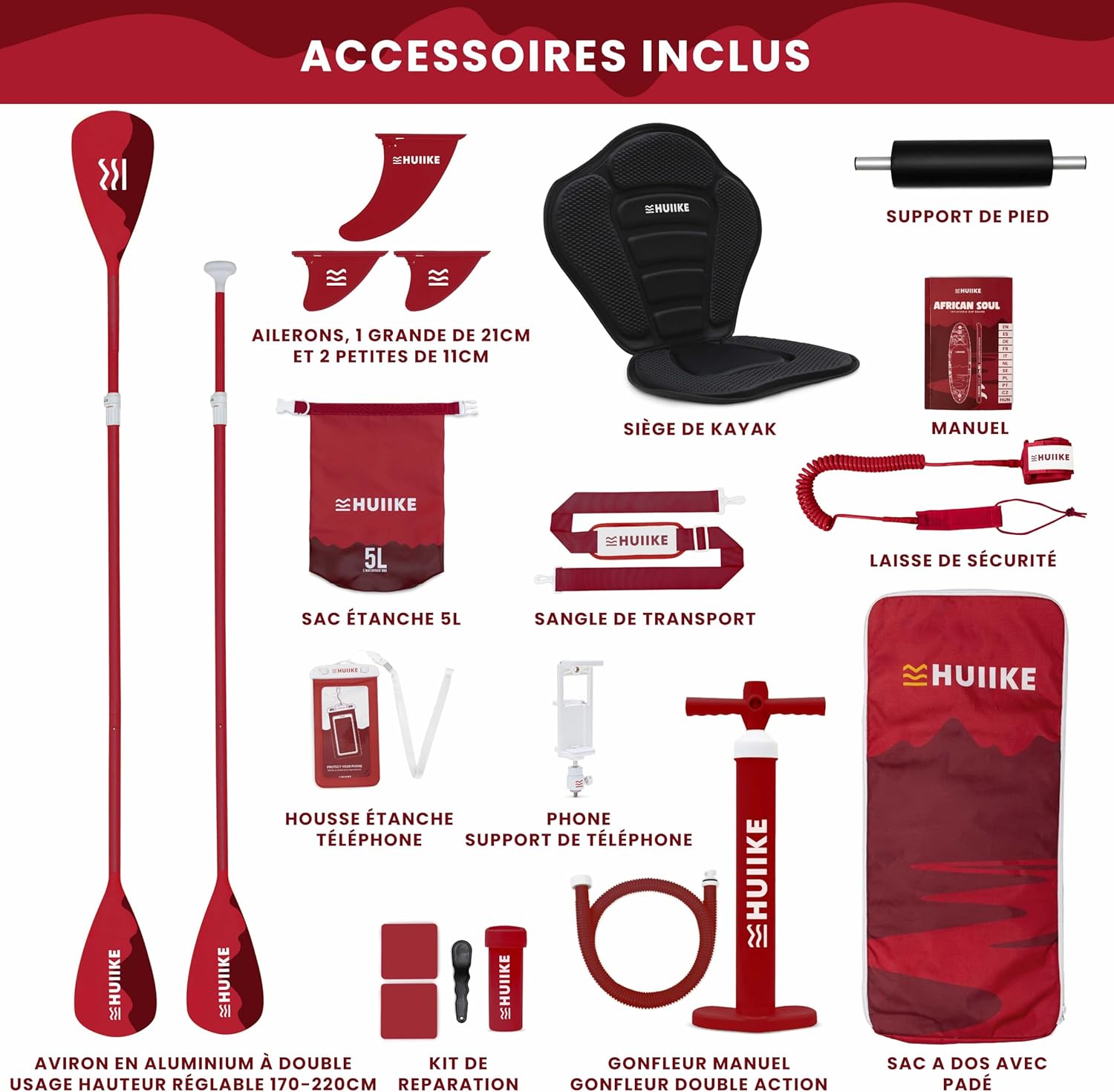 HUIIKE - Paddle gonflable adulte, 305x84x15cm, accessoires inclus, 130kg