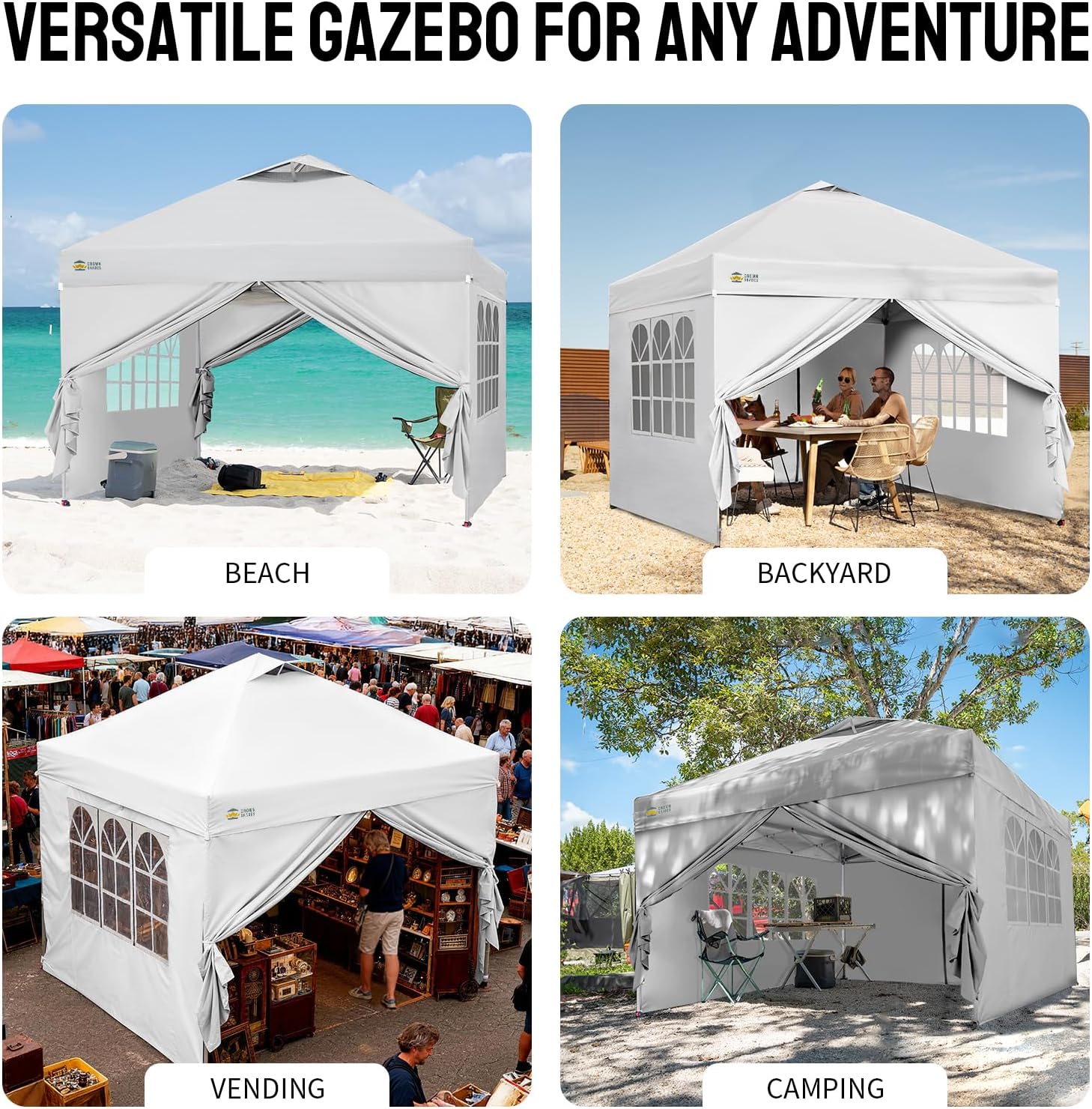 CROWN SHADES - Tonnelle Pliante - 3x3m - Imperméable, UPF 50+, 4 parois, sacs, blanc