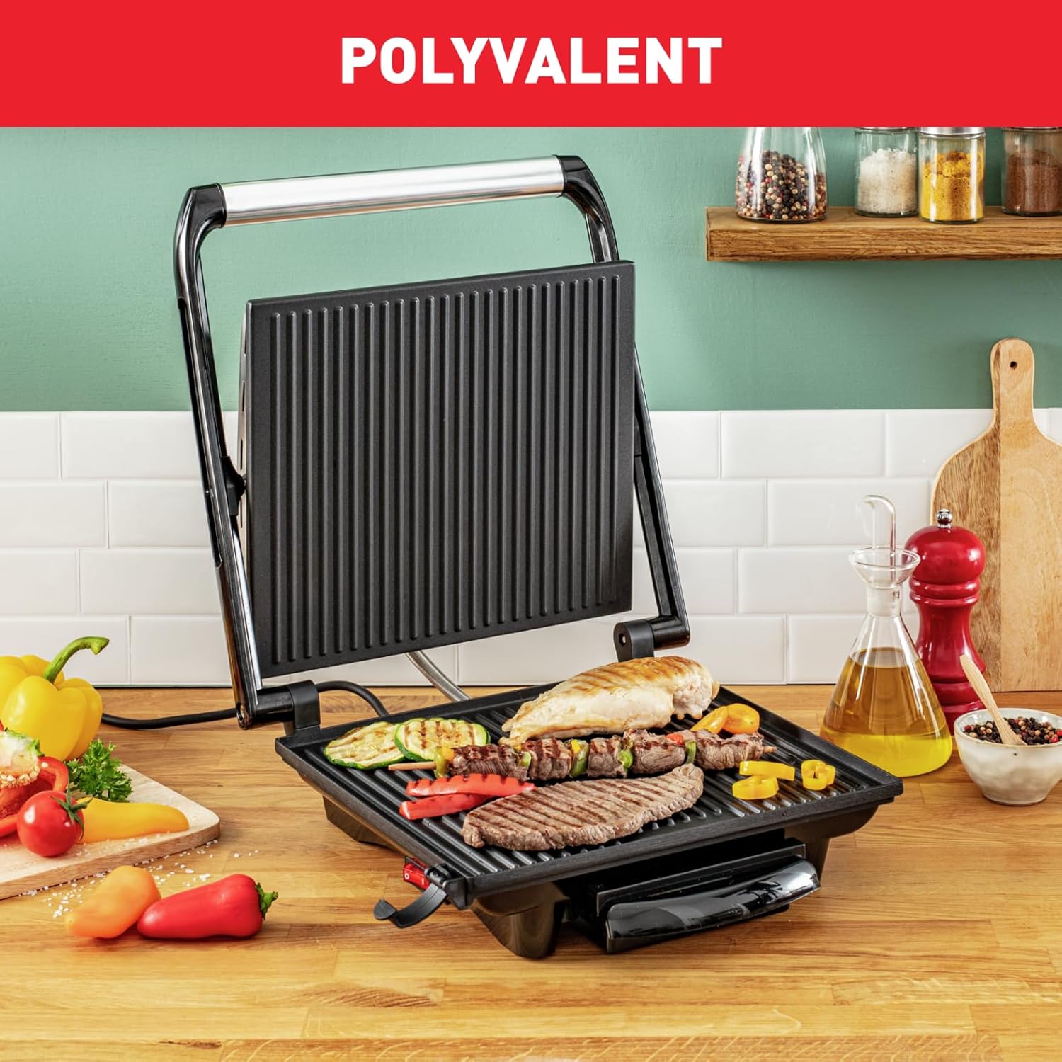 Tefal - Gril Viande Panini Multifonction 2000W, rangement vertical, noir/argent - GC241D12