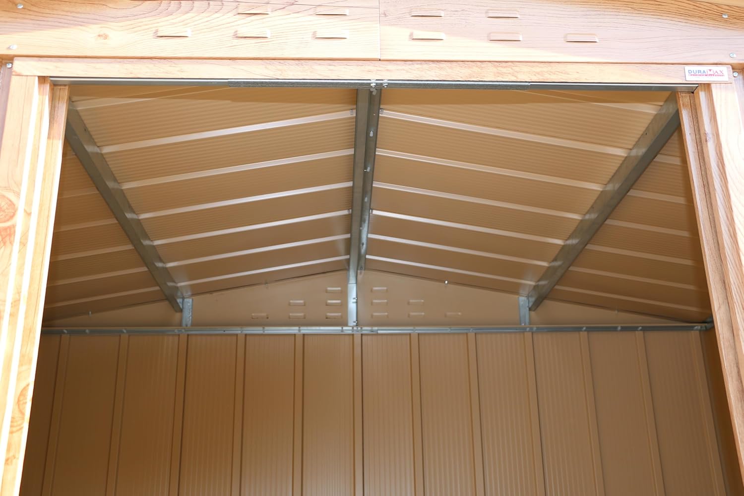 Duramax TOP Shed 6 x 4 (2.17 m²) Abri de jardin en métal, fabriqué en acier galvanisé, structure de toit renforcée, abri de jardin en métal sans entretien et résistant aux intempéries, Grain de bois