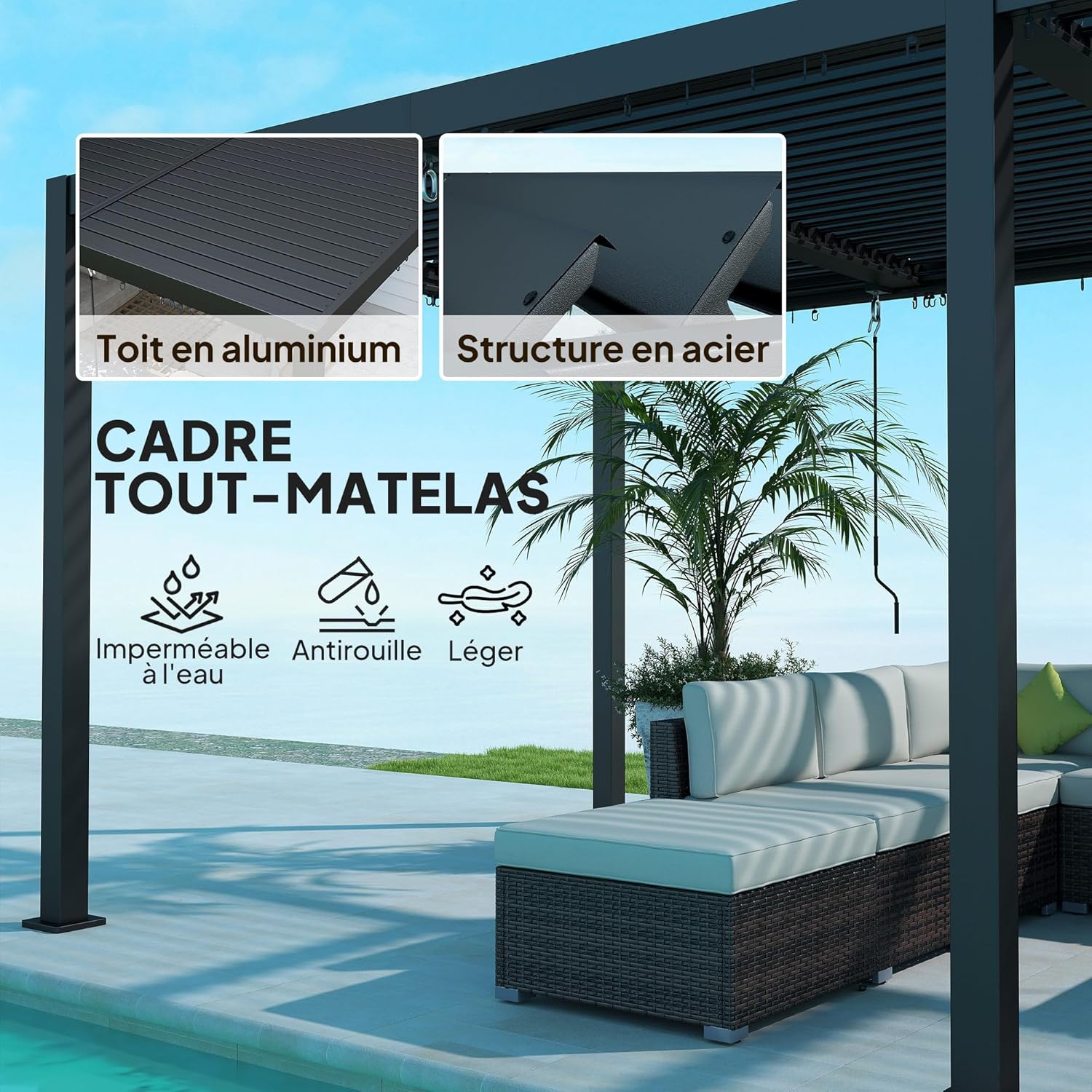 Outsunny - Pergola bioclimatique 3x6m - aluminium, toit réglable, persiennes, crochets