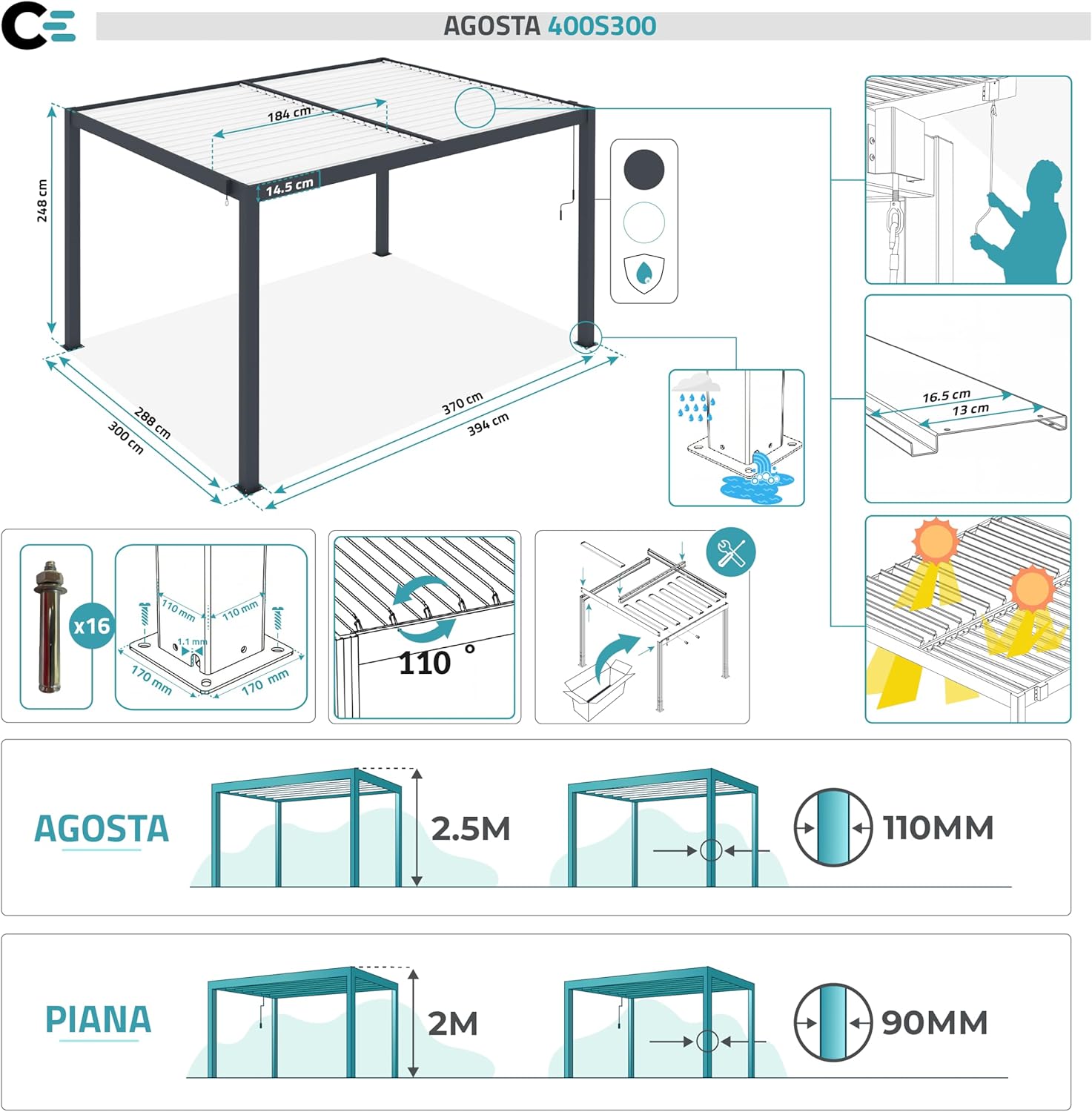 Cazeboo - AGOSTA - 4x3m autoportée aluminium gris lames blanches AGOSTA
