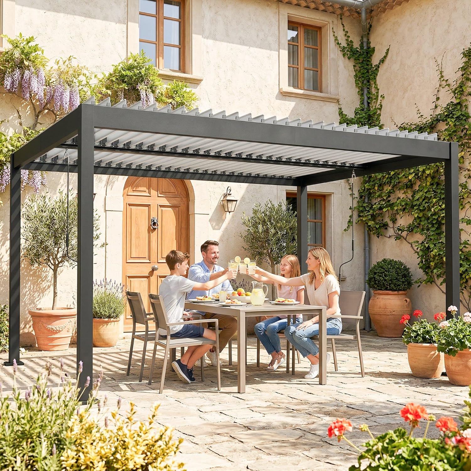 Outsunny - Pergola Bioclimatique - 4x3m - alu blanc, toit lames orientables, manivelle