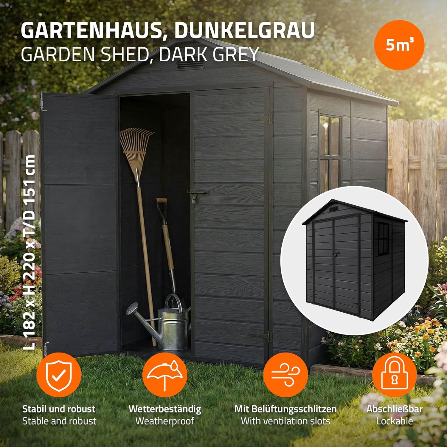 ECD Germany - Abri de jardin résine 151x182x220 cm double porte, 5m³, fenêtre, ventilation