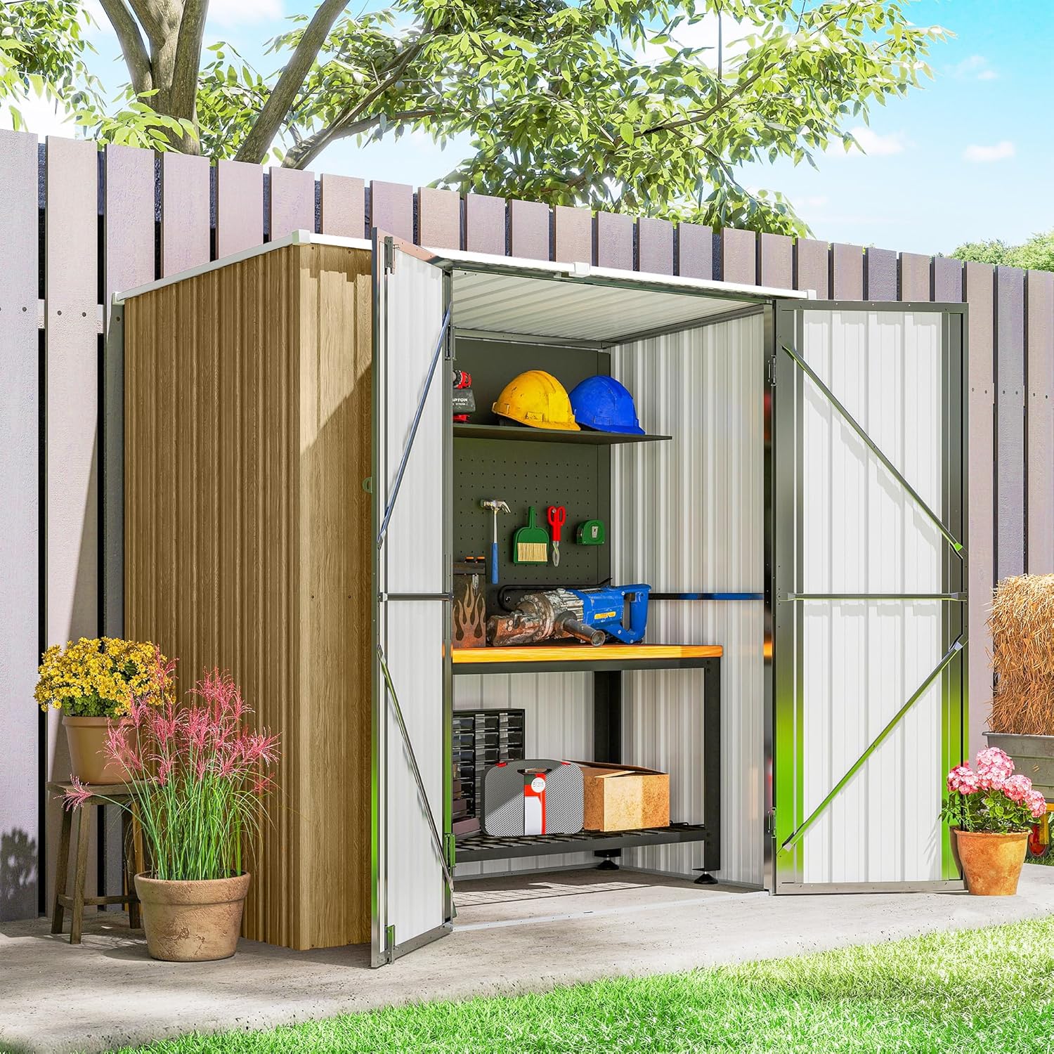 Outsunny Abri de Jardin d'extérieur 1,37 m², 163 x 89 x 163 cm, abri de Jardin métallique d'extérieur avec Toit en Pente, Portes à loquet et poignées pour Le Rangement des Outils, Marron Clair