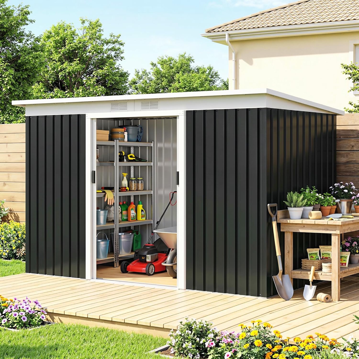 Outsunny - abri de jardin acier galvanisé 3,6m² - portes coulissantes, fondation, ventilé, 280x130x172cm