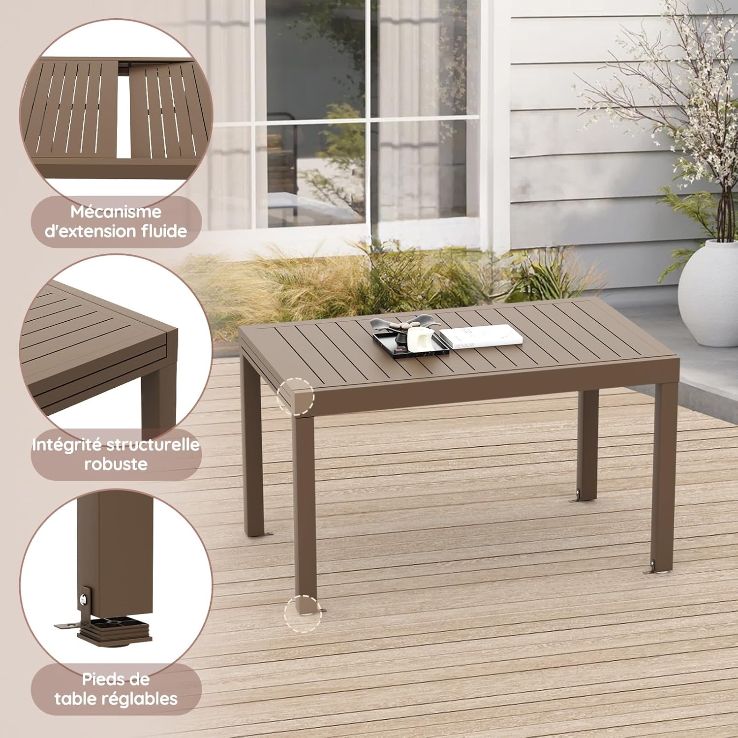Devoko - Table de jardin extensible - 80/160x80x75 cm - aluminium marron, résistante intempéries