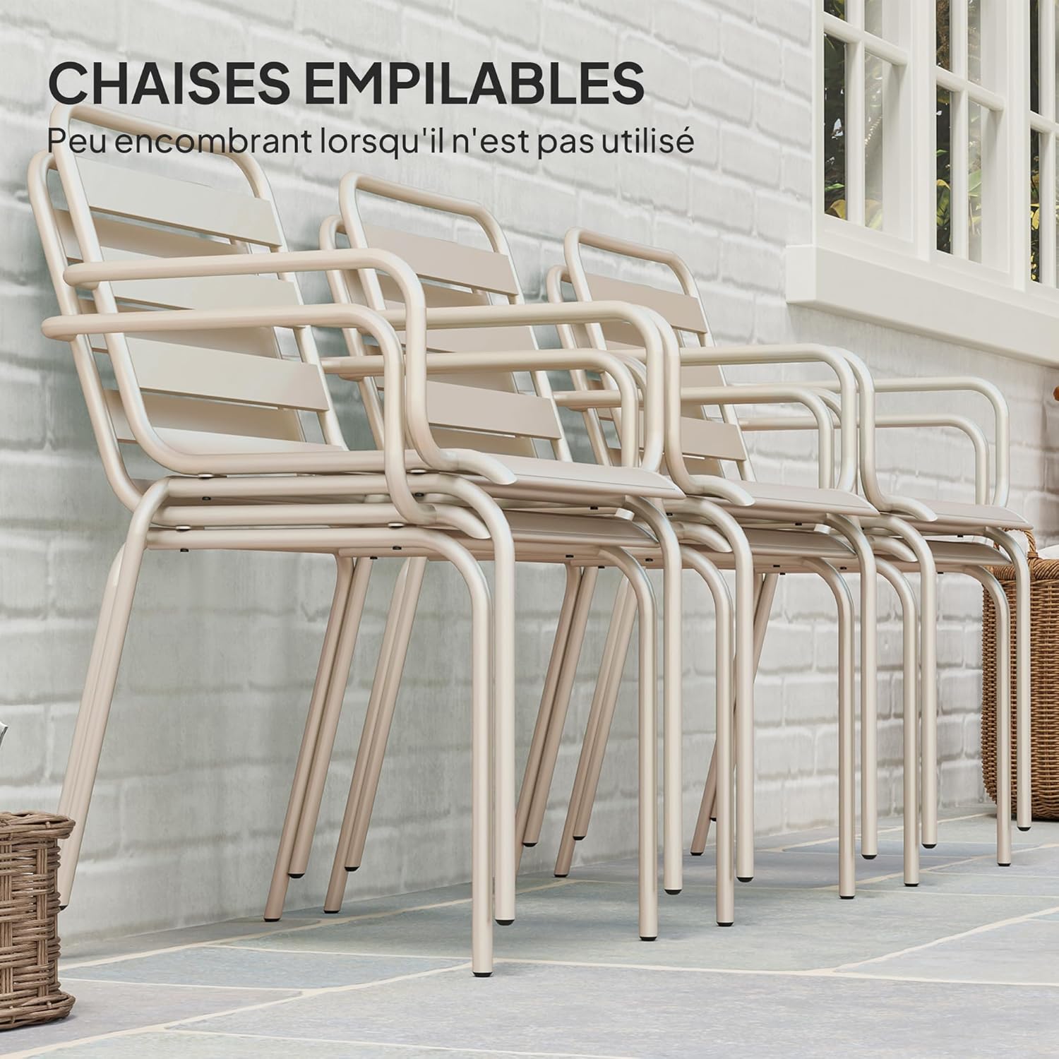 Outsunny - Ensemble salle à manger 7 pcs - table + 6 chaises empilables acier beige