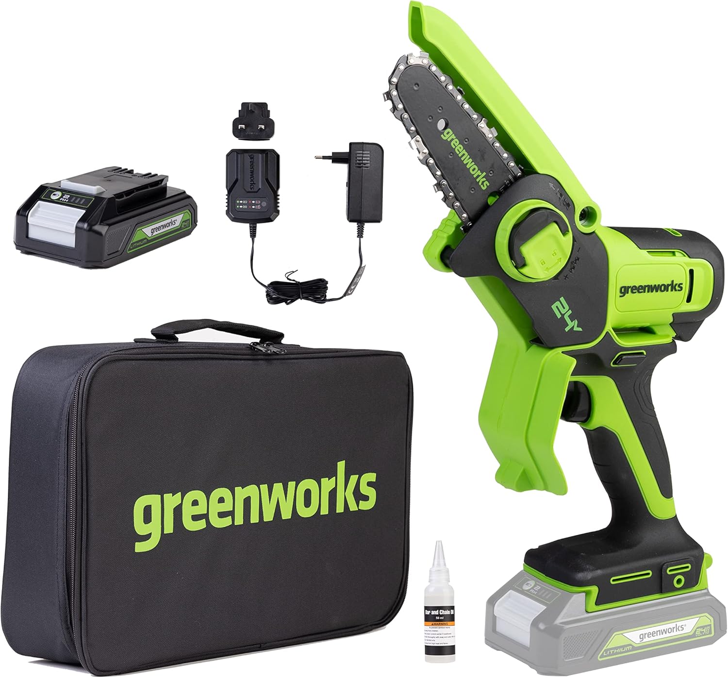 Greenworks - Mini tronçonneuse 24V - 10 cm - batterie 2Ah, 7,8 m/s